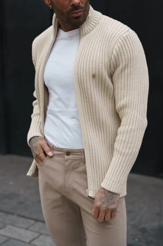 Father Sons Chunky Beige Ribbed Zipped Cardigan - FSJ069 sold by Father Sons