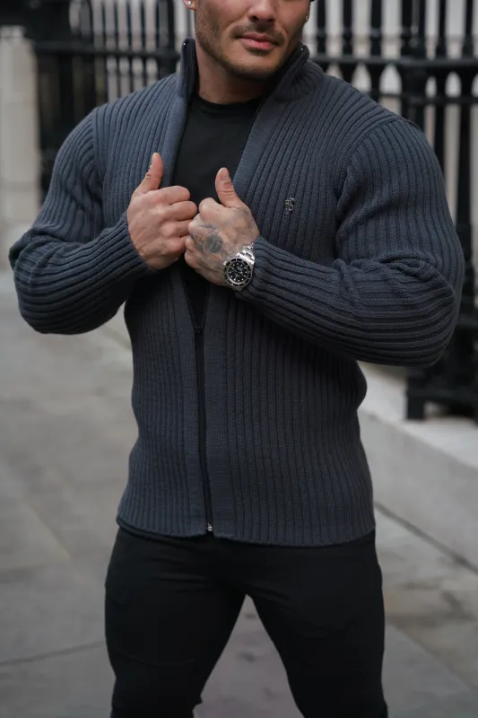 Father Sons Chunky Gunmetal Ribbed Zipped Cardigan - FSJ072 sold by Father Sons