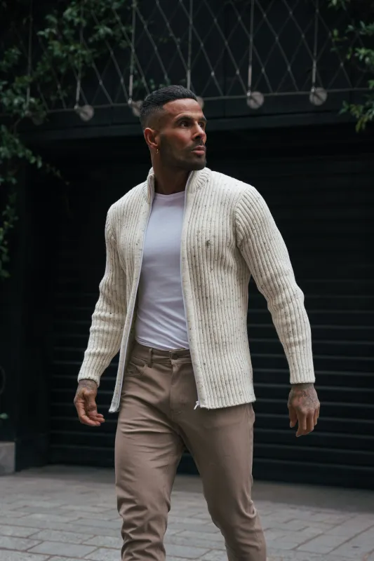 Father Sons Chunky Beige Flecks Ribbed Zipped Cardigan - FSJ070 sold by Father Sons