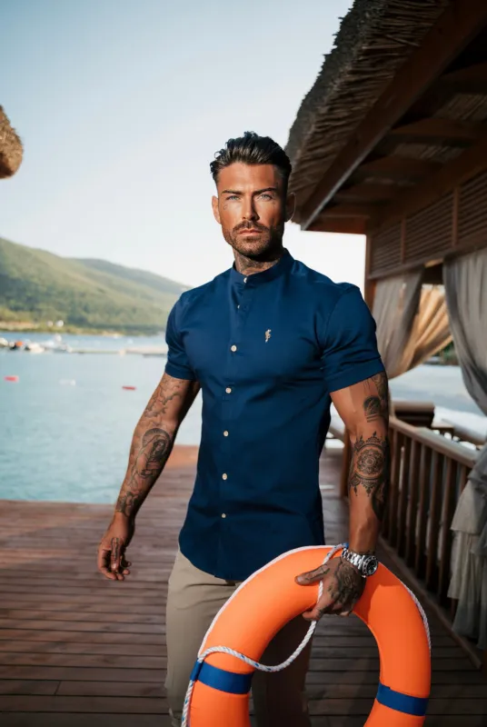 Father Sons Super Slim Stretch Navy Denim Short Sleeve Grandad collar with Metal Buttons and Decal Emblem - FS714 sold by Father Sons