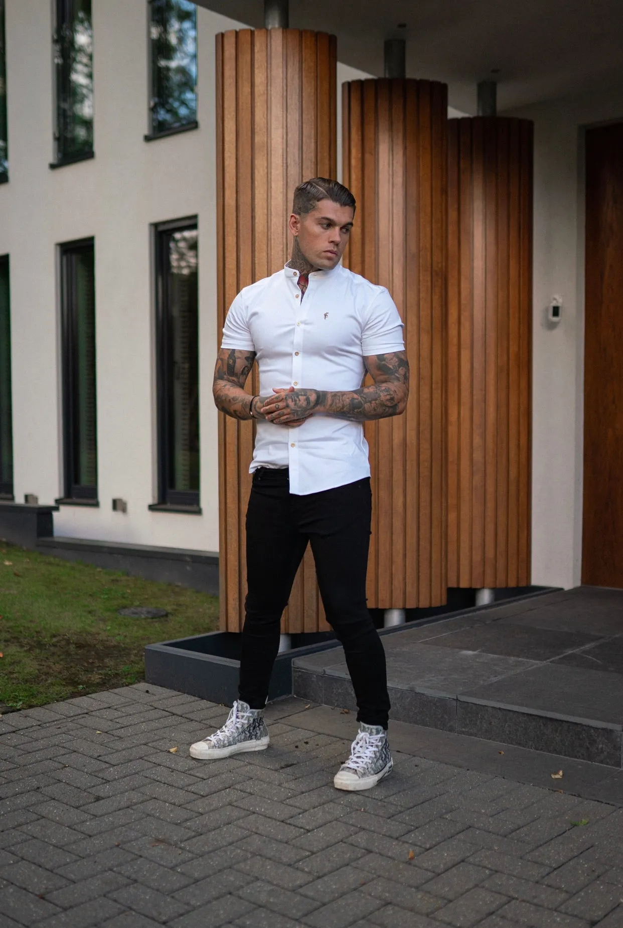 Father Sons Super Slim Stretch White Denim Short Sleeve Grandad collar with Metal Buttons and Decal Emblem - FS720 sold by Father Sons product image thumbnail 4