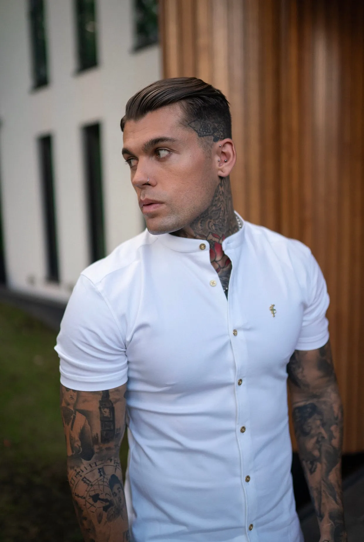 Father Sons Super Slim Stretch White Denim Short Sleeve Grandad collar with Metal Buttons and Decal Emblem - FS720 sold by Father Sons product image thumbnail 3