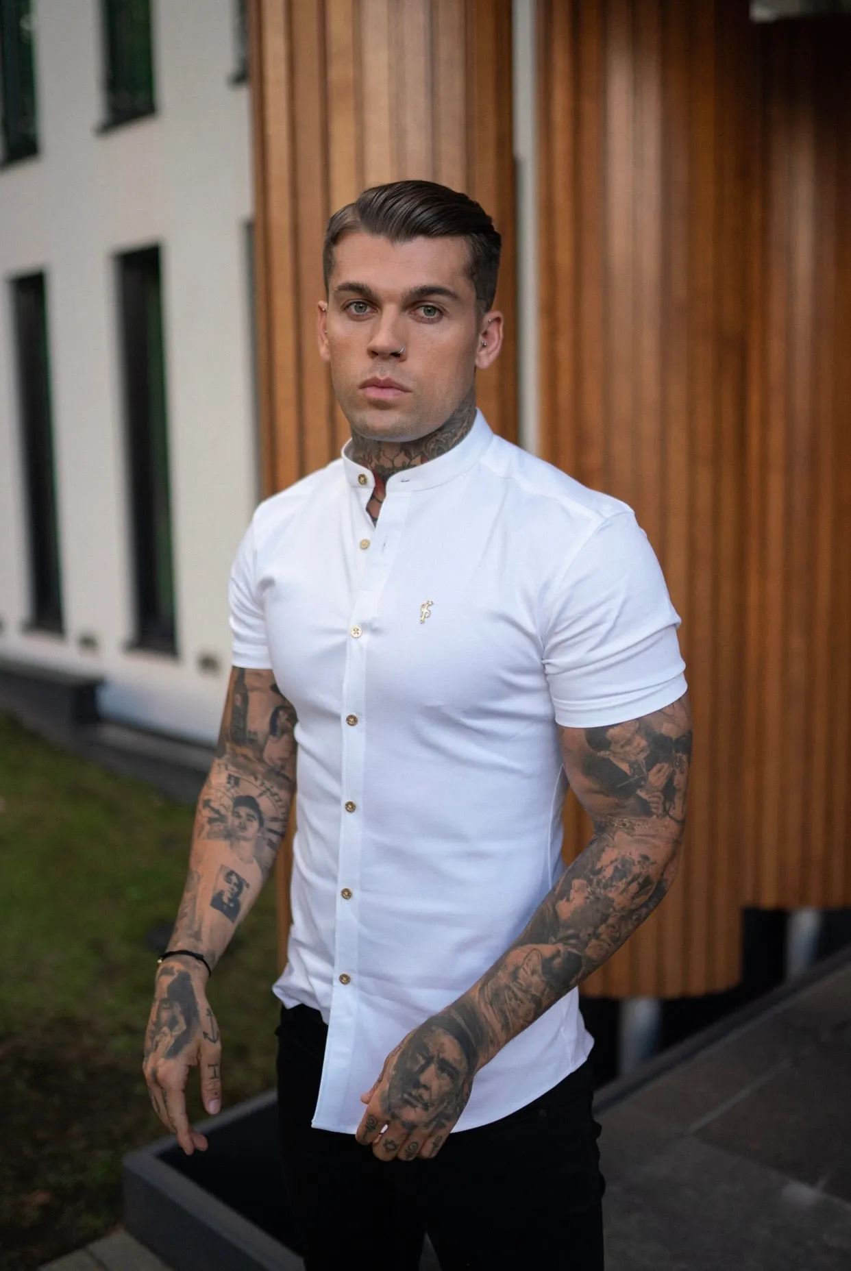 Father Sons Super Slim Stretch White Denim Short Sleeve Grandad collar with Metal Buttons and Decal Emblem - FS720 sold by Father Sons product image thumbnail 5