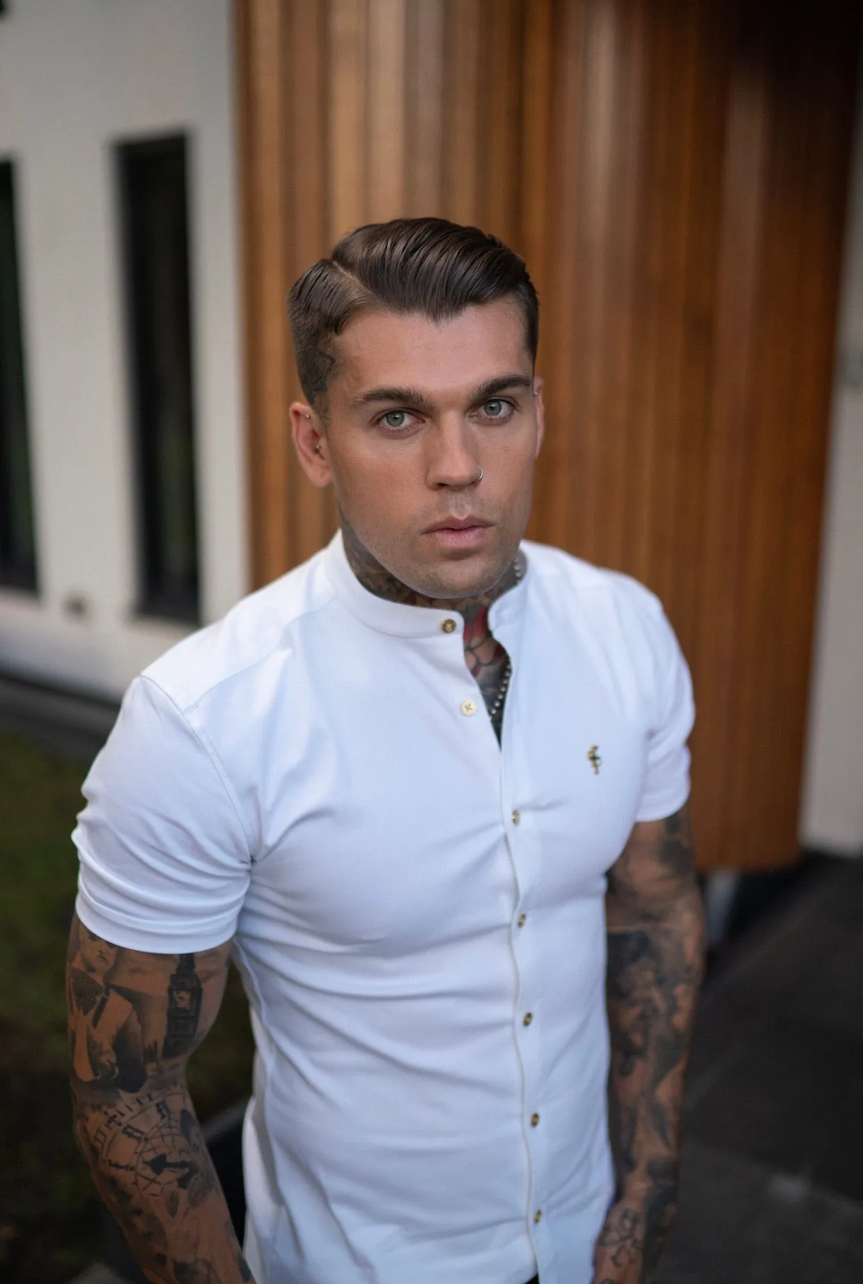 Father Sons Super Slim Stretch White Denim Short Sleeve Grandad collar with Metal Buttons and Decal Emblem - FS720 sold by Father Sons product image thumbnail 2