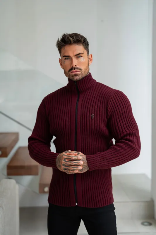 Father Sons Chunky Burgundy Ribbed Zipped Cardigan - FSJ071 sold by Father Sons