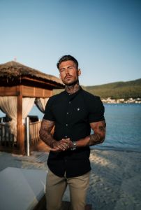Father Sons Super Slim Stretch Classic Black Grandad Collar Short Sleeve - FS173 sold by Father Sons