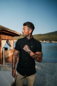 Father Sons Super Slim Stretch Classic Black Grandad Collar Short Sleeve - FS173 sold by Father Sons