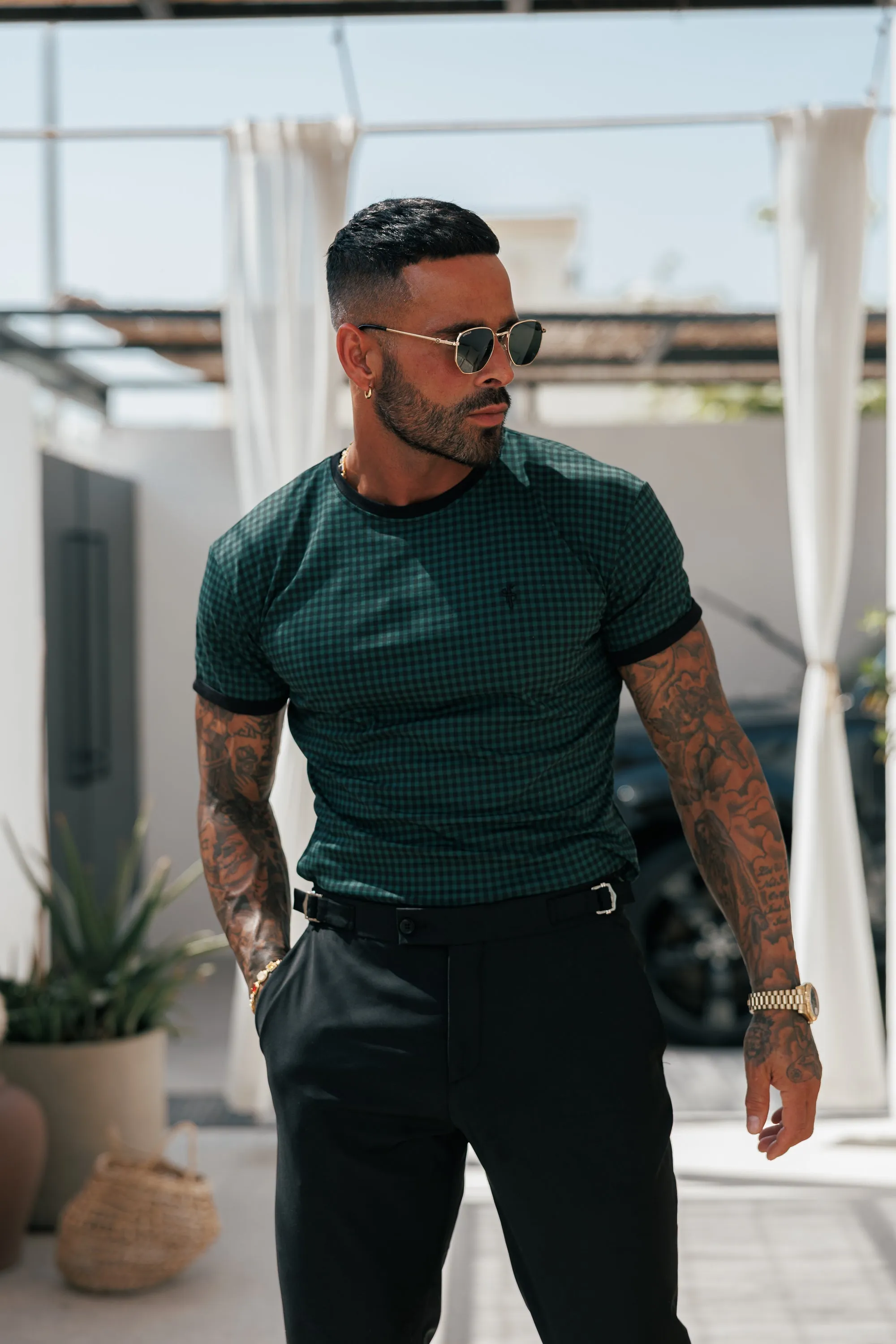 Father Sons Printed Forest Green / Black Check Fitted T Shirt - FSH1241 sold by Father Sons