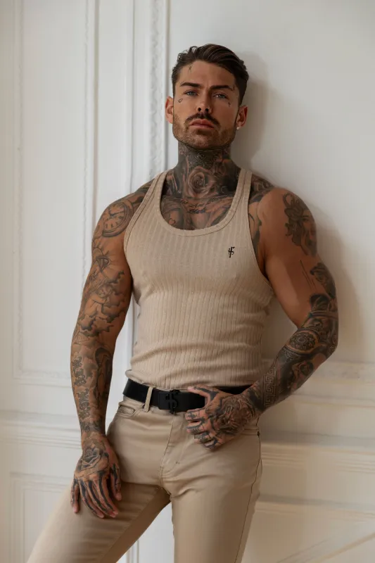 Father Sons Classic Beige / Black Ribbed Knit Super Slim Vest - FSH1324 sold by Father Sons