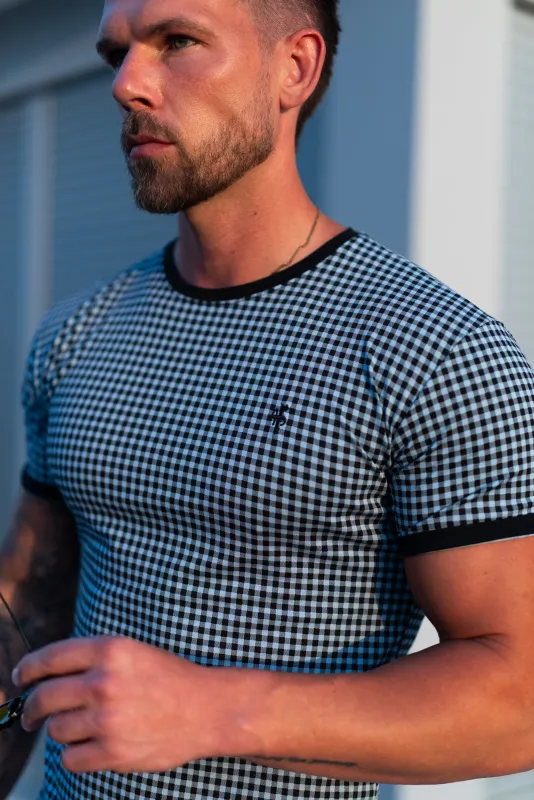 Father Sons Printed Black / Blue Check Fitted T Shirt - FSH1240 sold by Father Sons