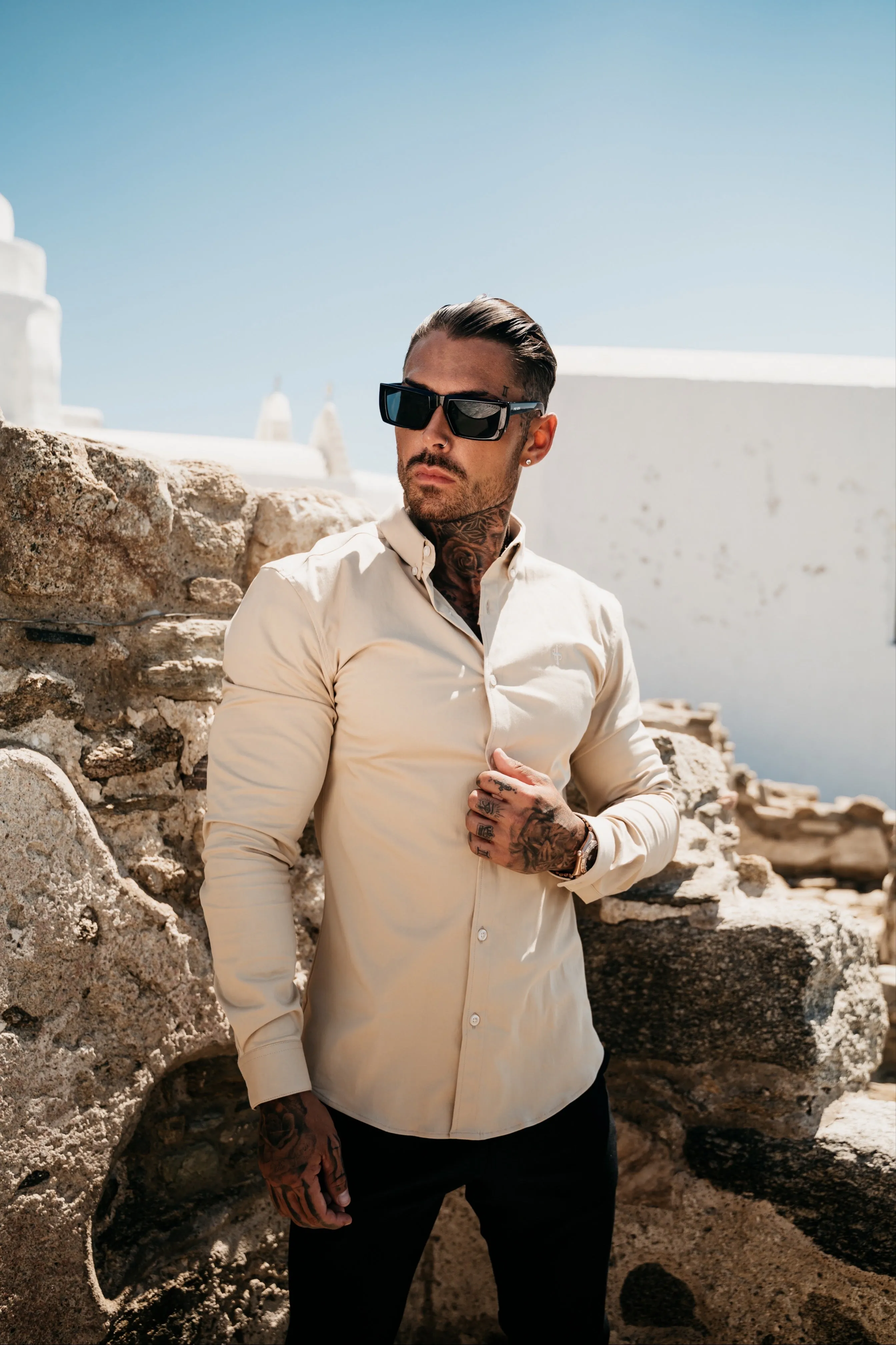 Father Sons Super Slim Stretch Plain Beige Long Sleeve With Button Down Collar - FS983 sold by Father Sons