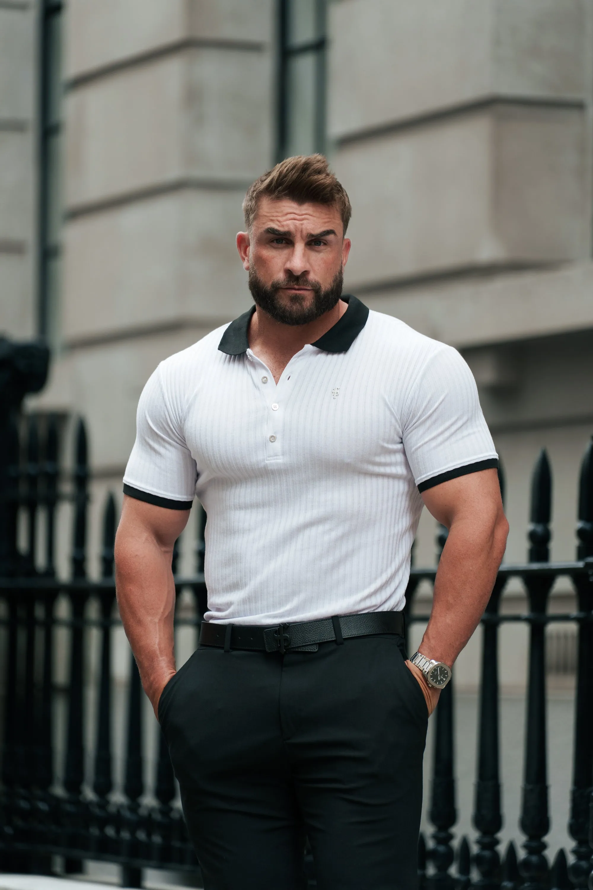 White Ribbed Polo Shirt Short Sleeve - FSH1370P sold by Father Sons product image thumbnail 4