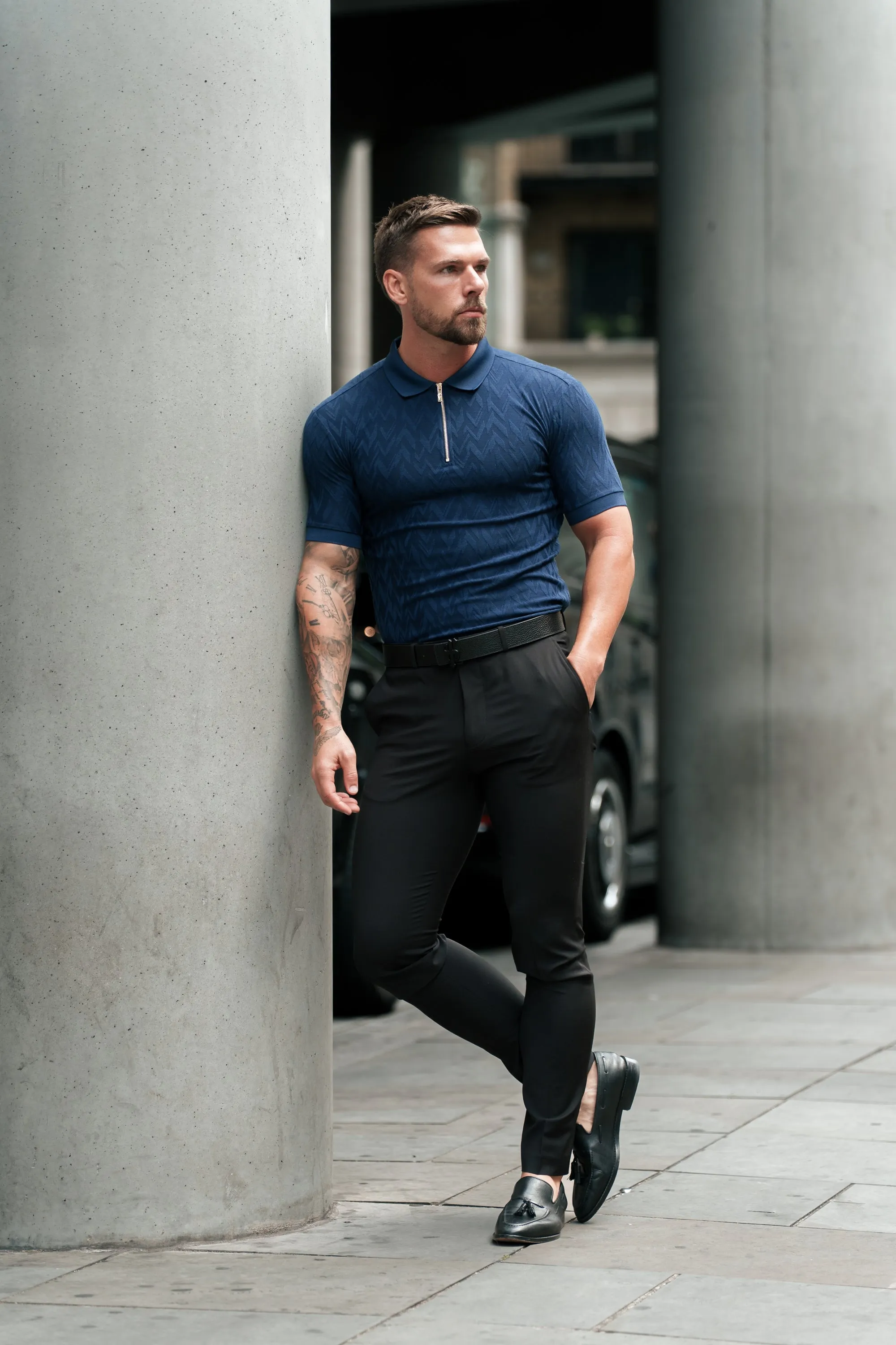 Classic Jacquard Navy Chevron Zipped Polo - FSR021 sold by Father Sons product image thumbnail 5