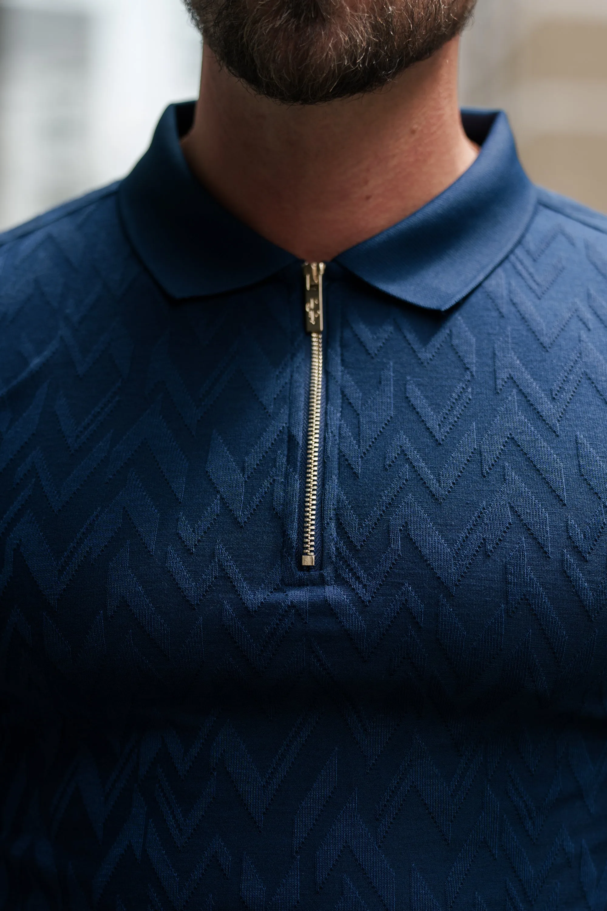 Classic Jacquard Navy Chevron Zipped Polo - FSR021 sold by Father Sons product image thumbnail 2