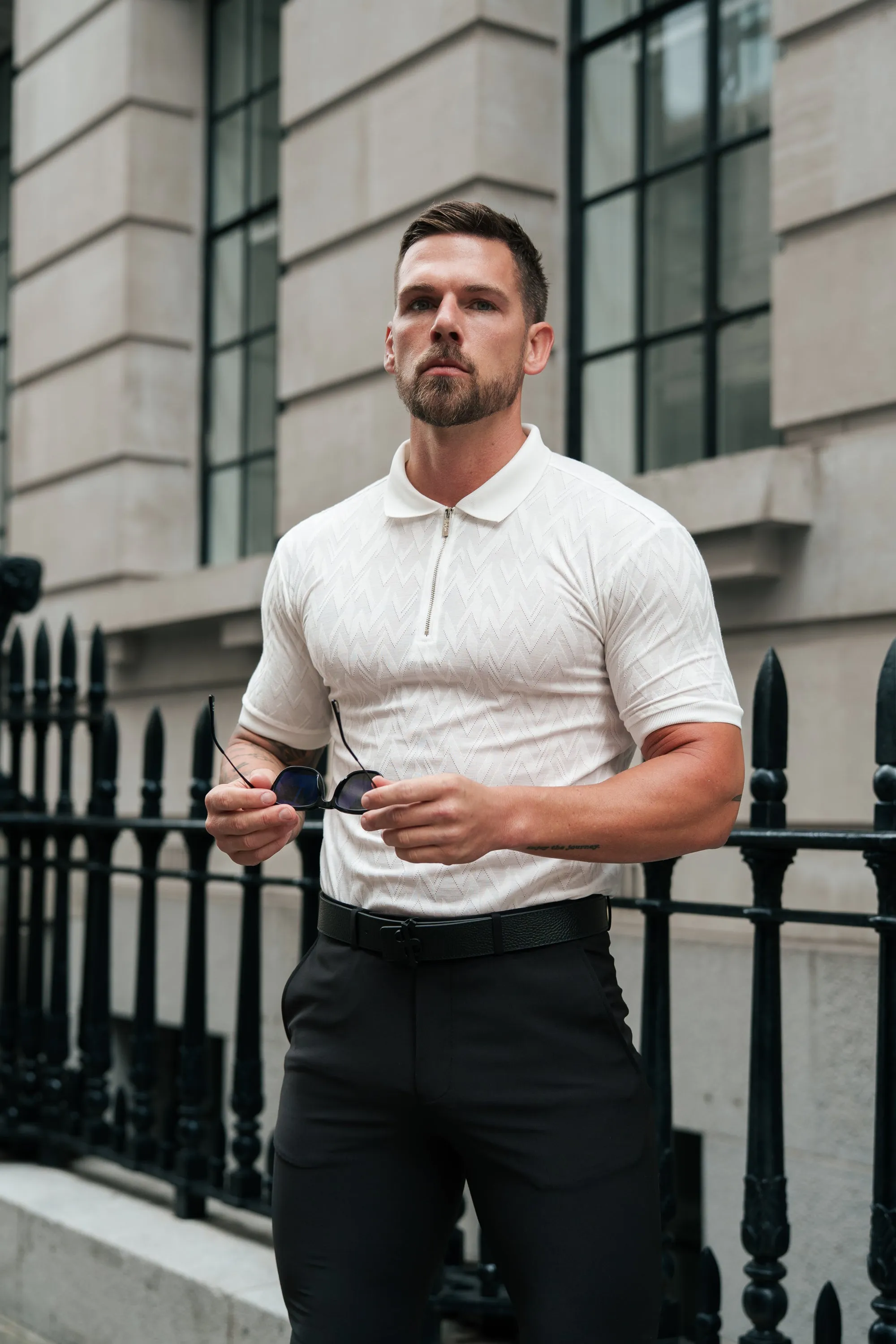 Classic Jacquard White Chevron Zipped Polo - FSR020 sold by Father Sons product image thumbnail 4