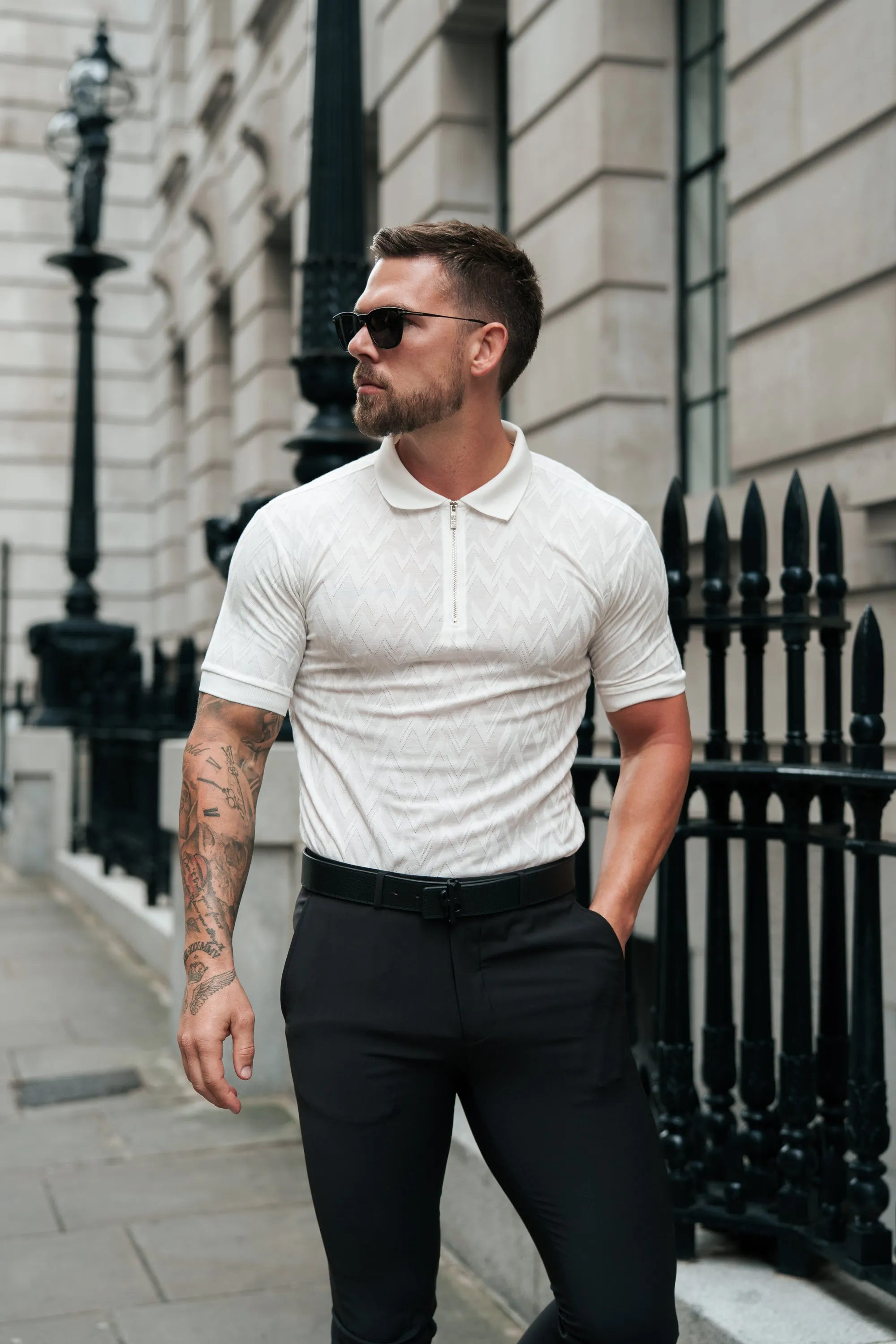 Classic Jacquard White Chevron Zipped Polo - FSR020 sold by Father Sons product image thumbnail 3