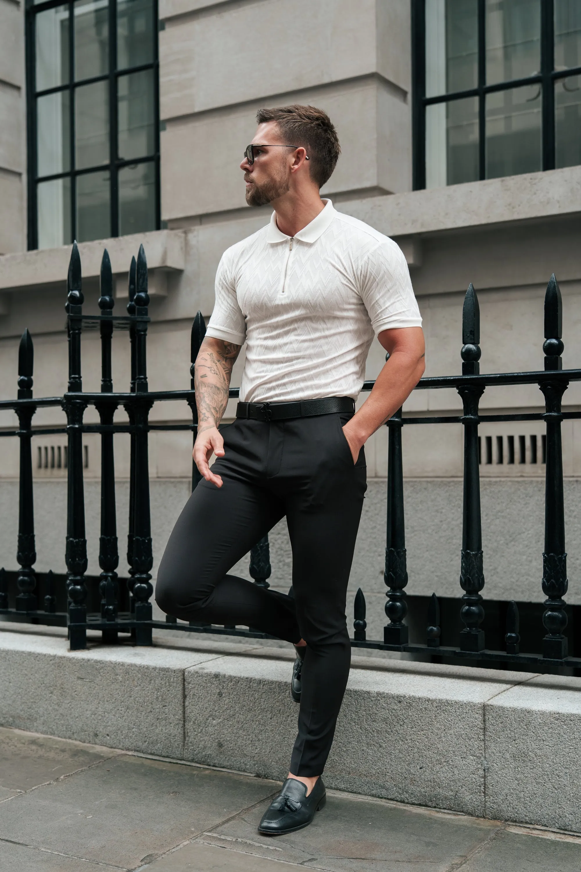 Classic Jacquard White Chevron Zipped Polo - FSR020 sold by Father Sons product image thumbnail 5