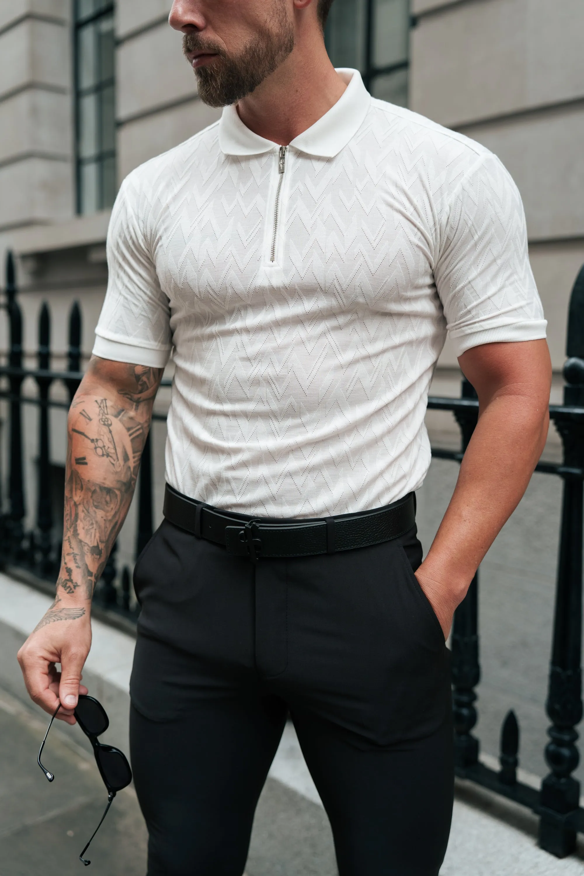 Classic Jacquard White Chevron Zipped Polo - FSR020 sold by Father Sons product image thumbnail 2