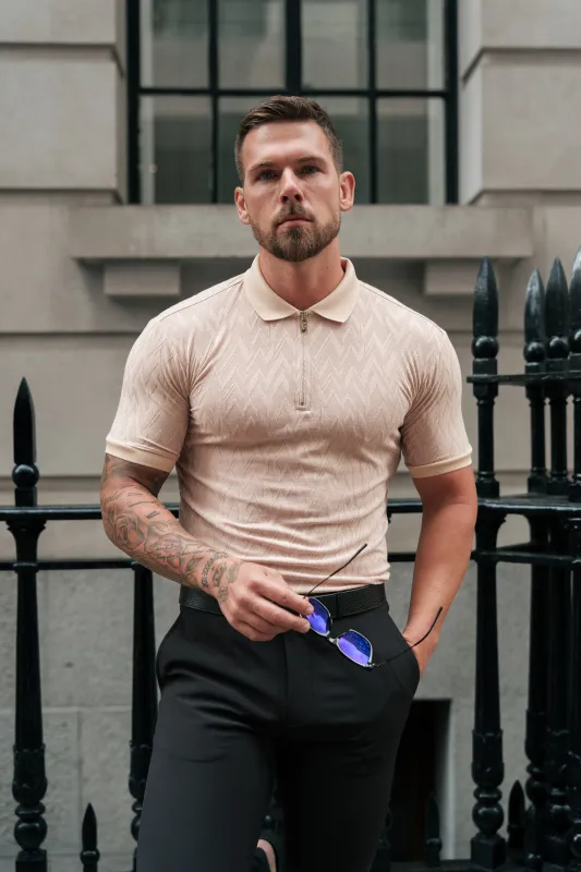 Father Sons Classic Jacquard Beige Chevron Zipped Polo - FSR023 sold by Father Sons