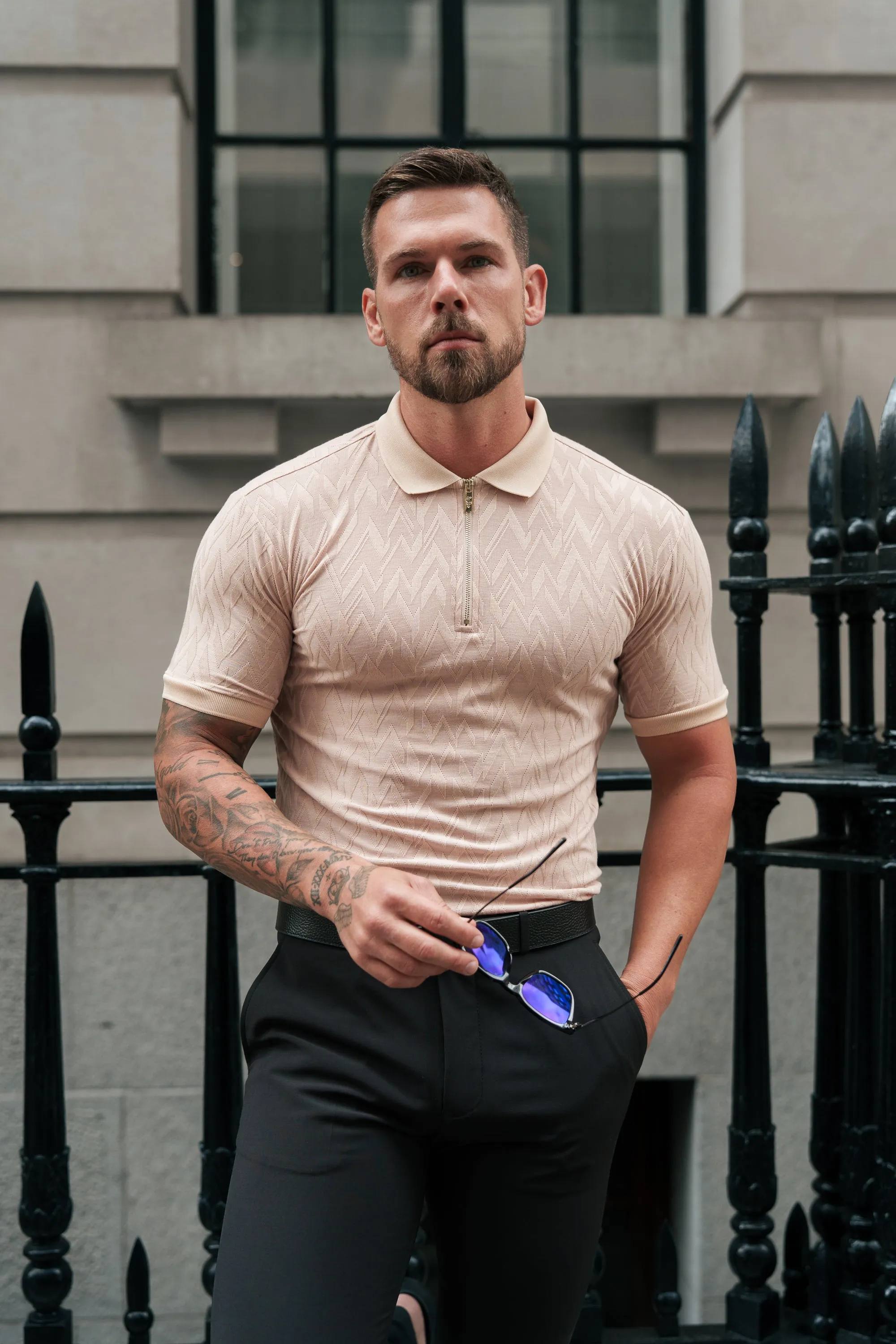 Classic Jacquard Beige Chevron Zipped Polo - FSR023 sold by Father Sons