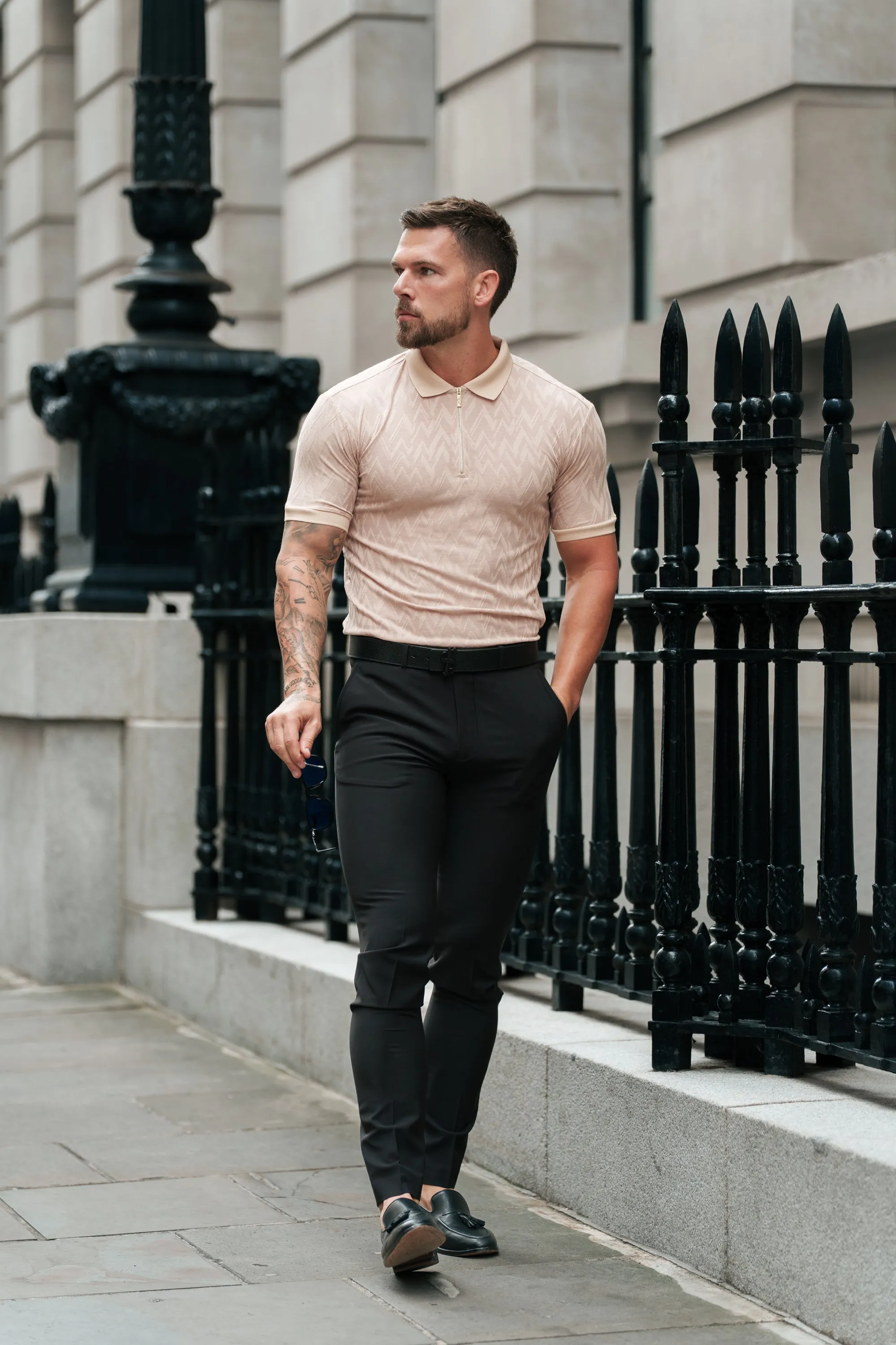 Classic Jacquard Beige Chevron Zipped Polo - FSR023 sold by Father Sons product image thumbnail 4