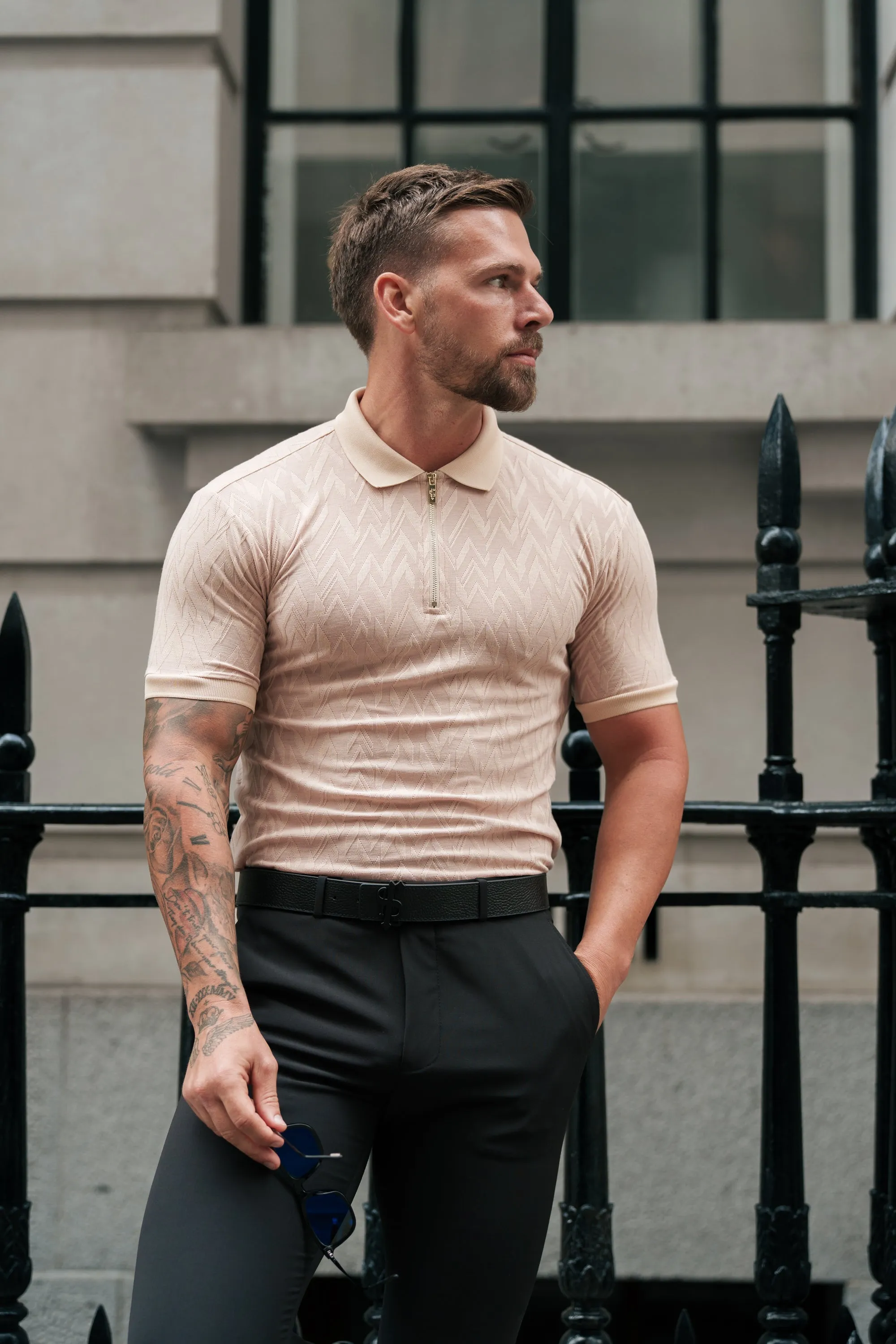 Classic Jacquard Beige Chevron Zipped Polo - FSR023 sold by Father Sons product image thumbnail 3