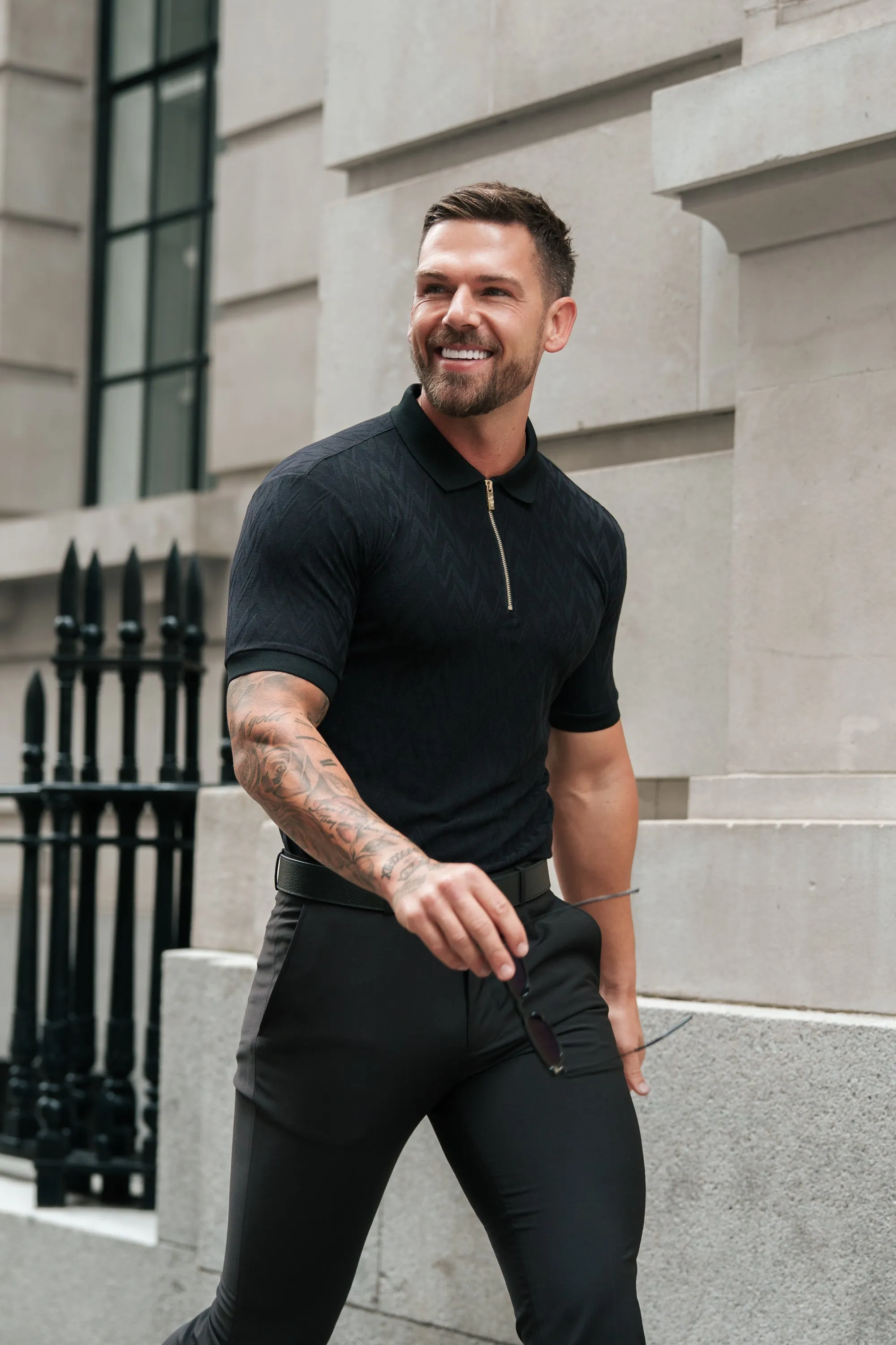 Classic Jacquard Black Chevron Zipped Polo - FSR019 sold by Father Sons product image thumbnail 3