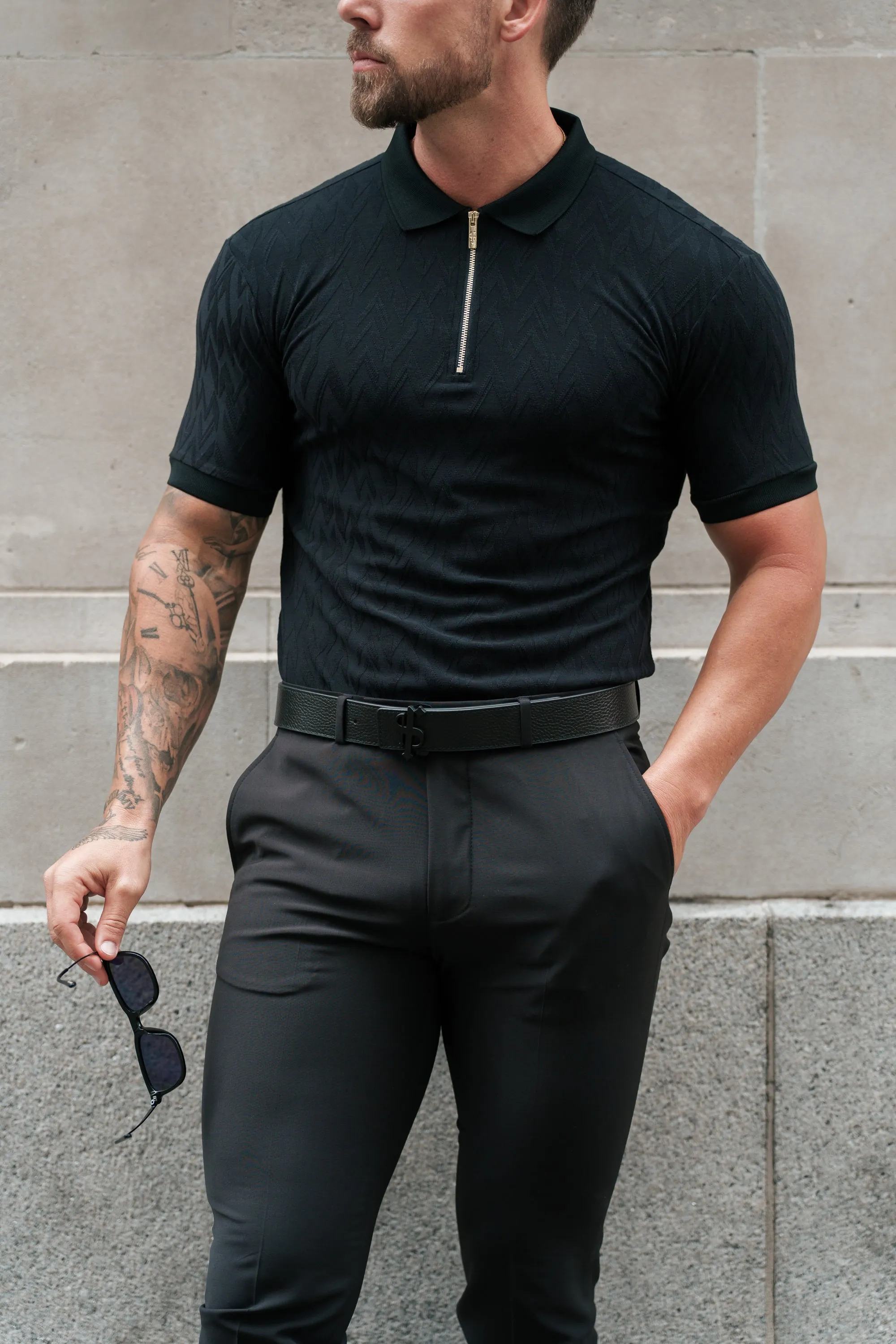 Classic Jacquard Black Chevron Zipped Polo - FSR019 sold by Father Sons product image thumbnail 5