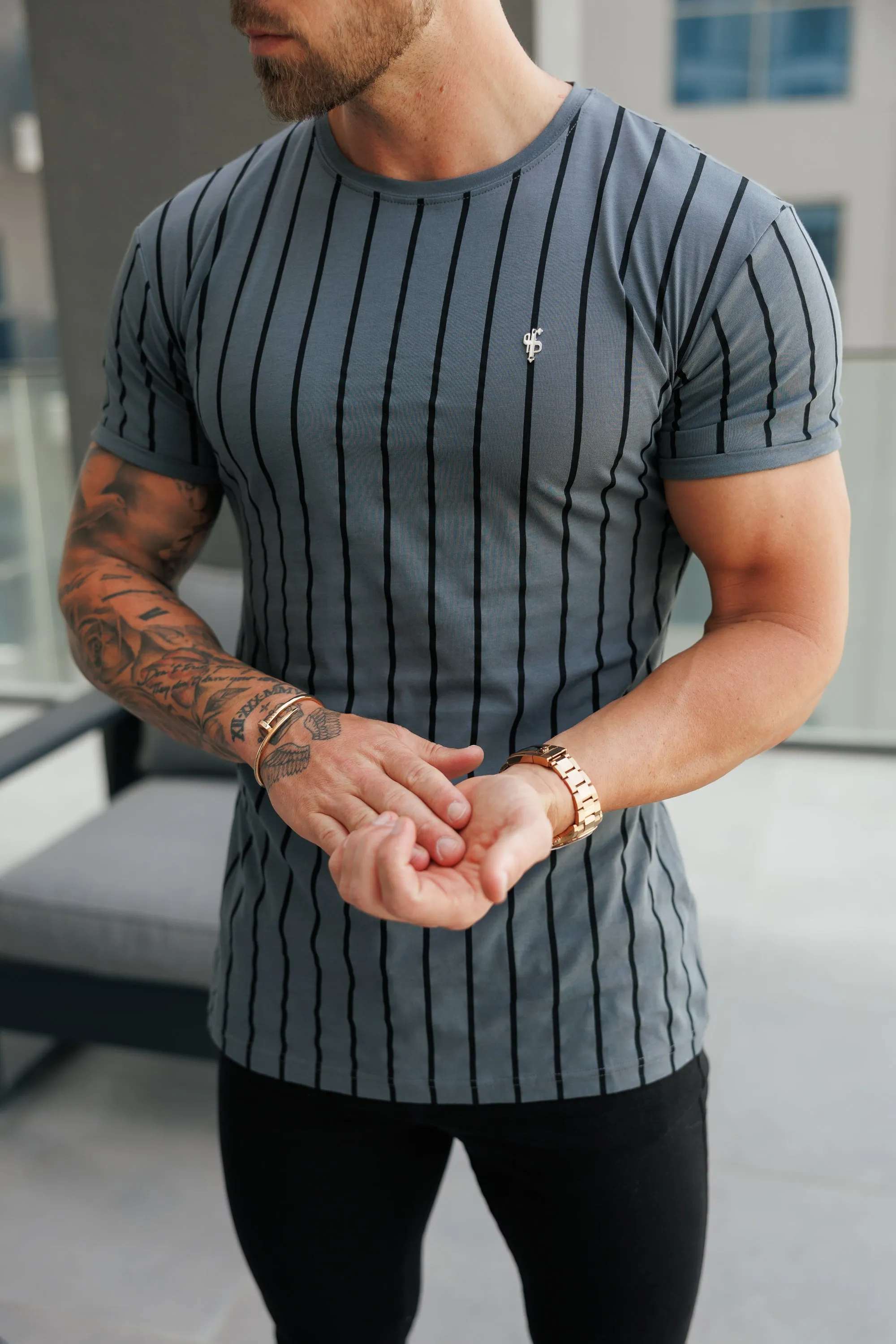 Father Sons Printed Charcoal / Black Stripe Fitted T Shirt - FSH1375 sold by Father Sons