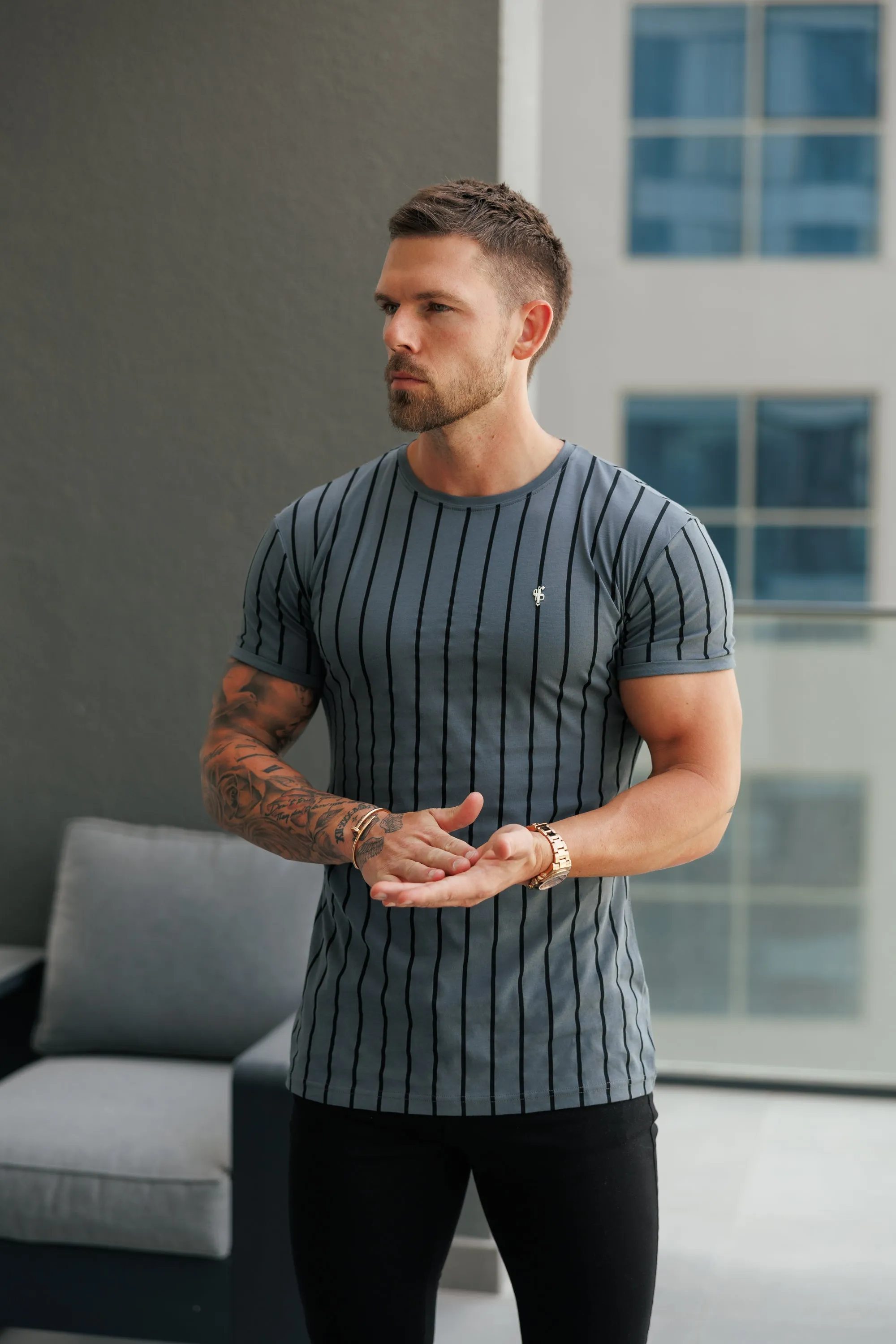 Father Sons Printed Charcoal / Black Stripe Fitted T Shirt - FSH1375 sold by Father Sons product image thumbnail 3