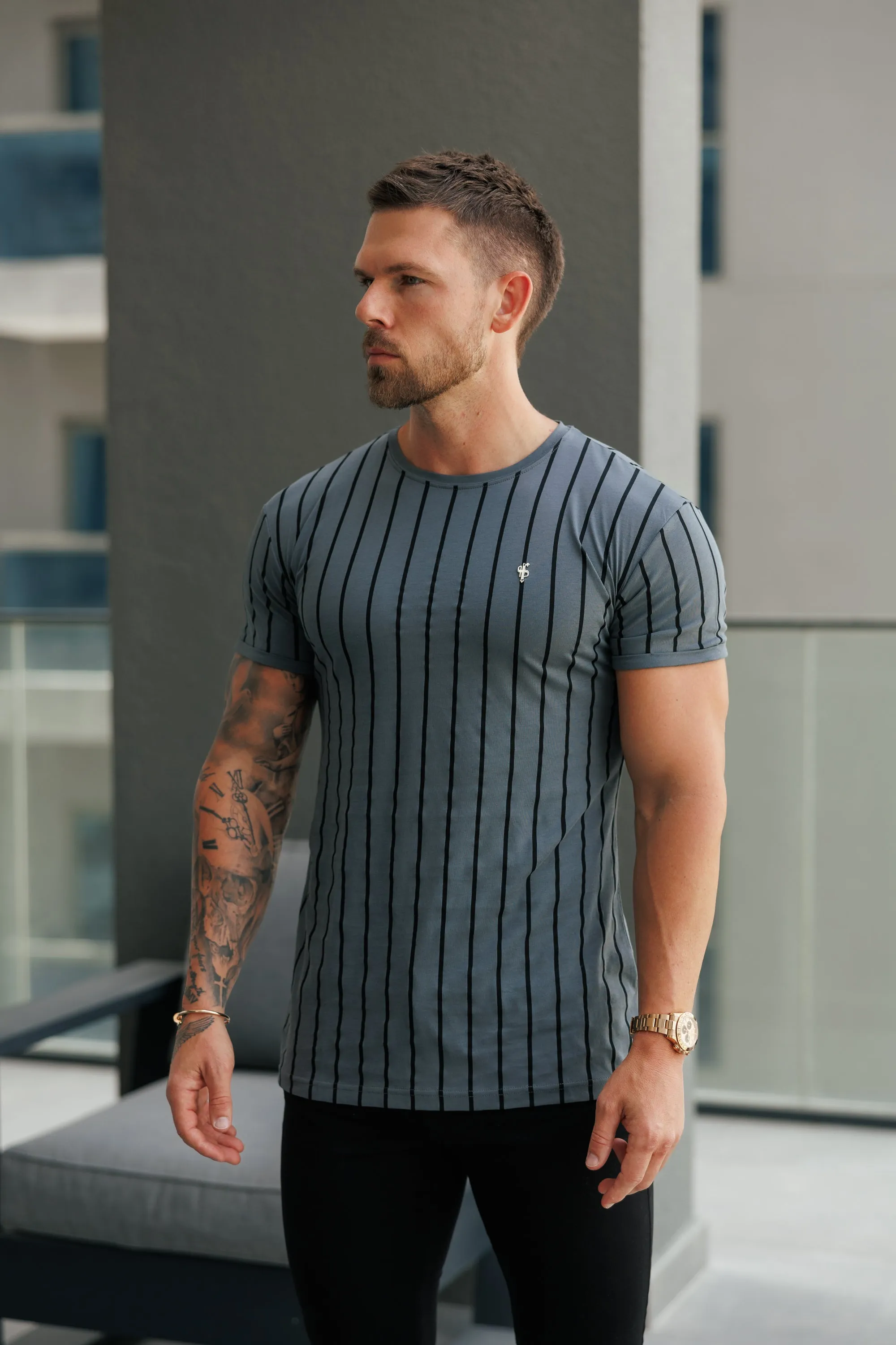 Father Sons Printed Charcoal / Black Stripe Fitted T Shirt - FSH1375 sold by Father Sons product image thumbnail 2