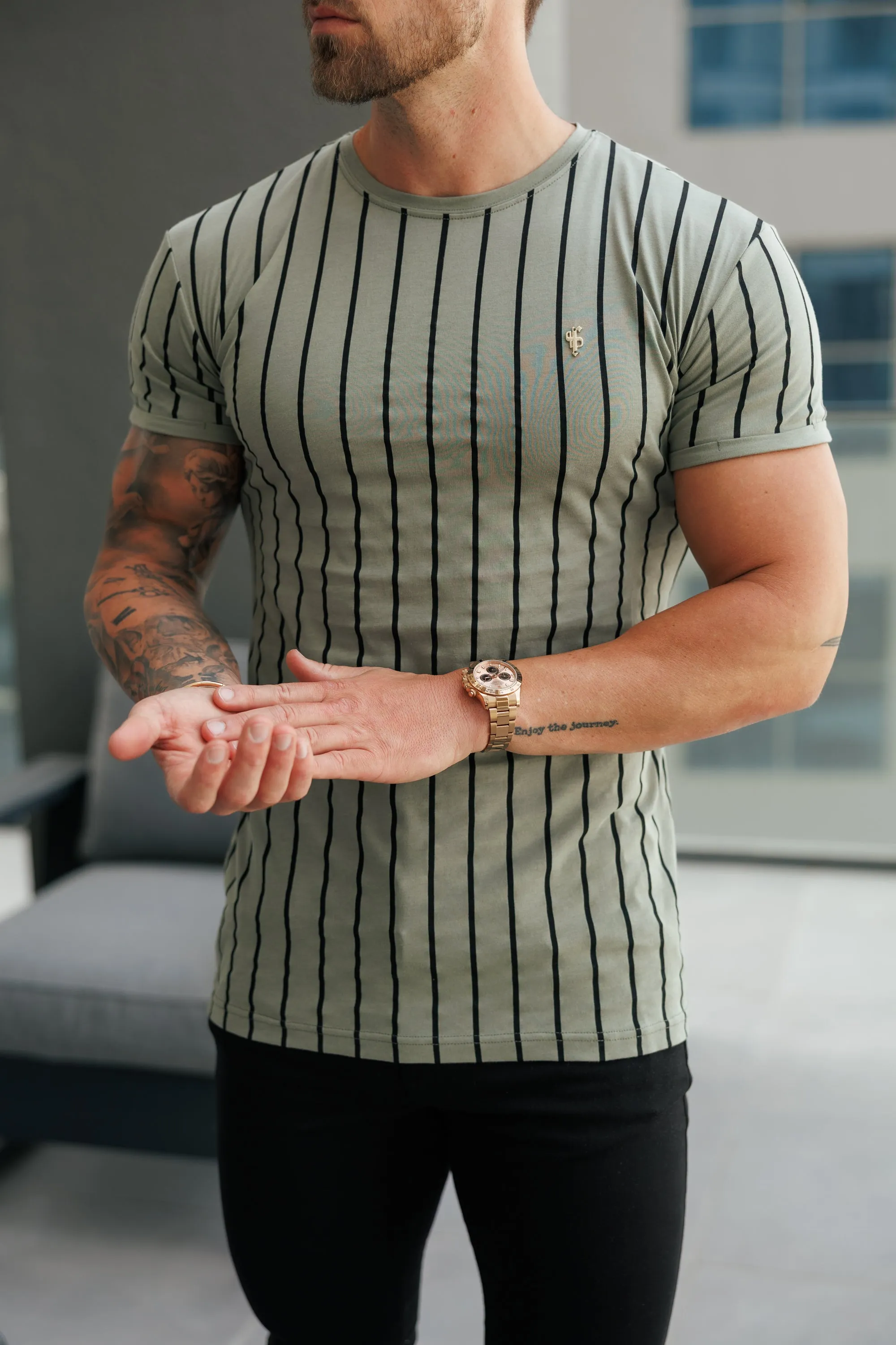 Father Sons Printed Olive / Black Stripe Fitted T Shirt - FSH1374 sold by Father Sons
