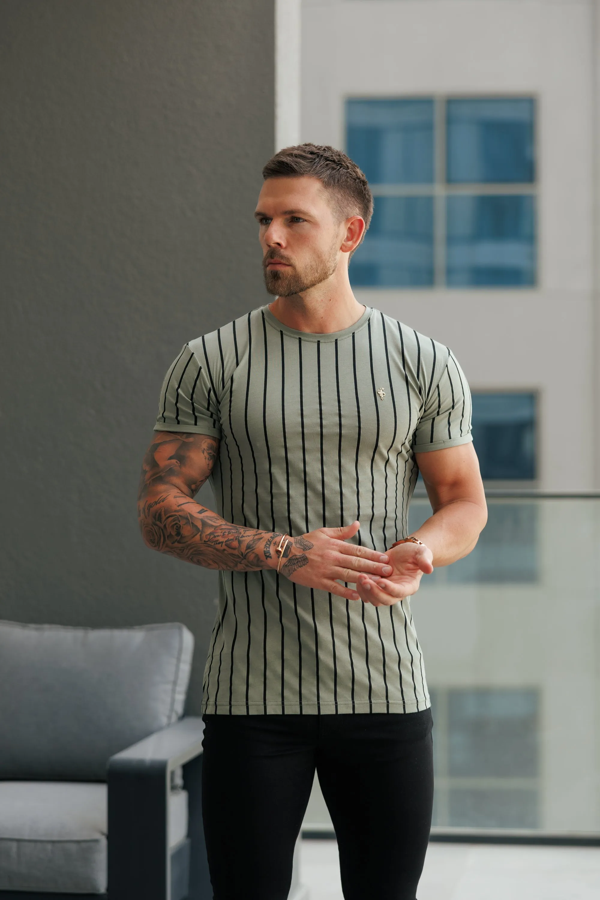 Father Sons Printed Olive / Black Stripe Fitted T Shirt - FSH1374 sold by Father Sons product image thumbnail 4