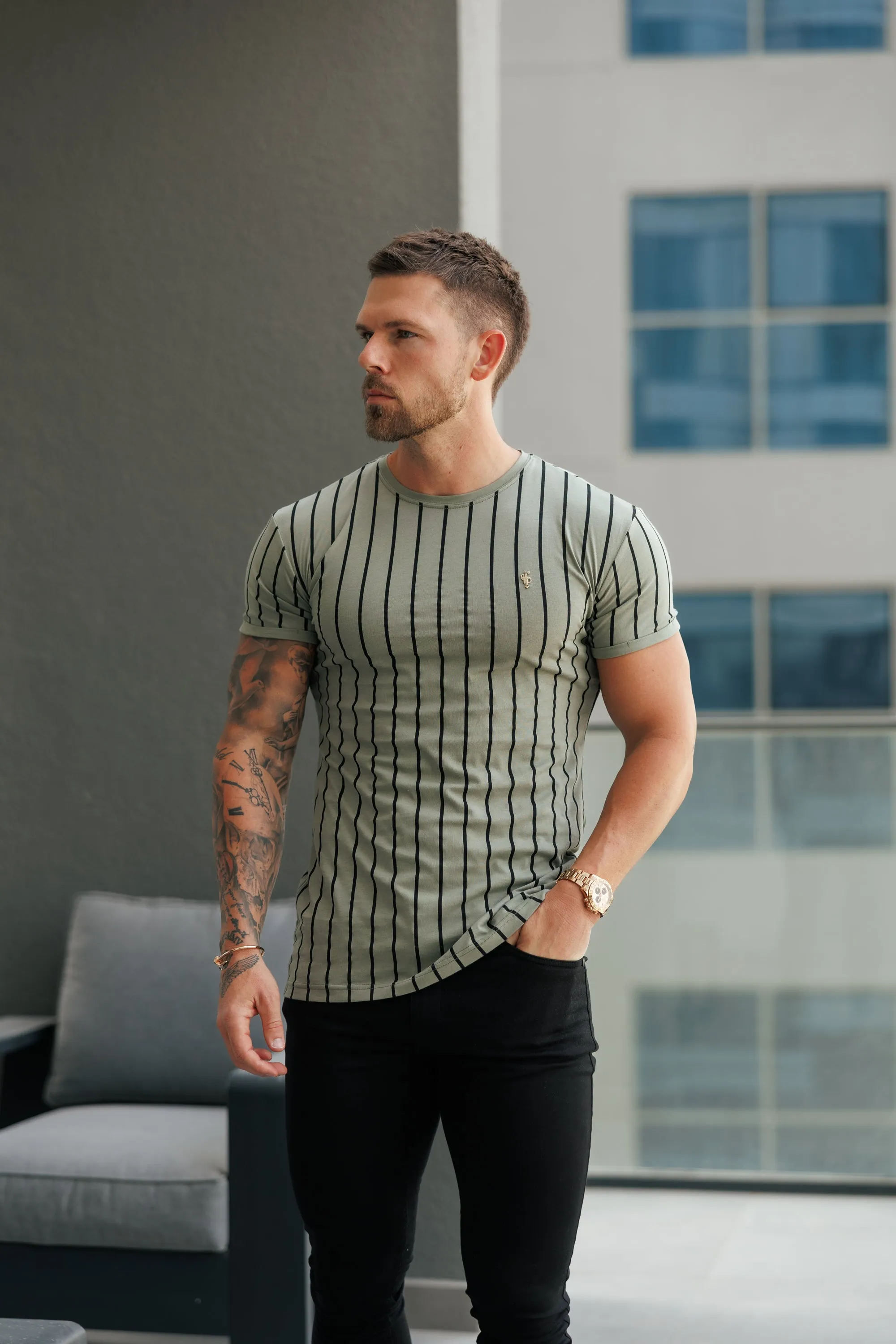 Father Sons Printed Olive / Black Stripe Fitted T Shirt - FSH1374 sold by Father Sons product image thumbnail 2
