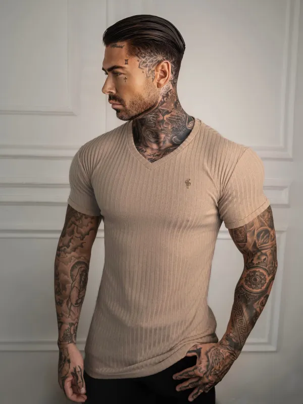 Father Sons Super Slim Beige / Gold V Neck Ribbed Crew - FSH1366 sold by Father Sons