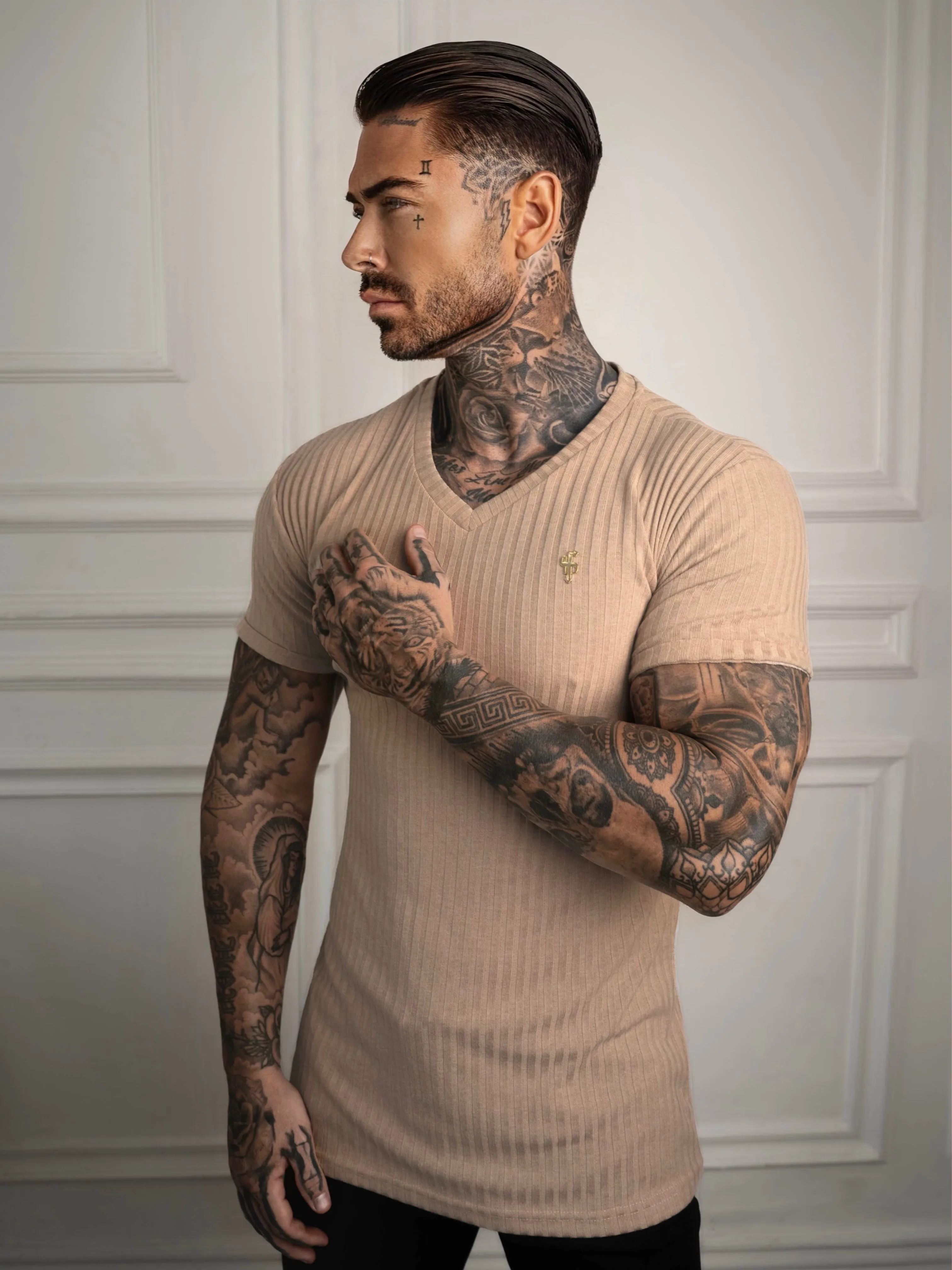 Father Sons Super Slim Beige / Gold V Neck Ribbed Crew - FSH1366 sold by Father Sons product image thumbnail 3