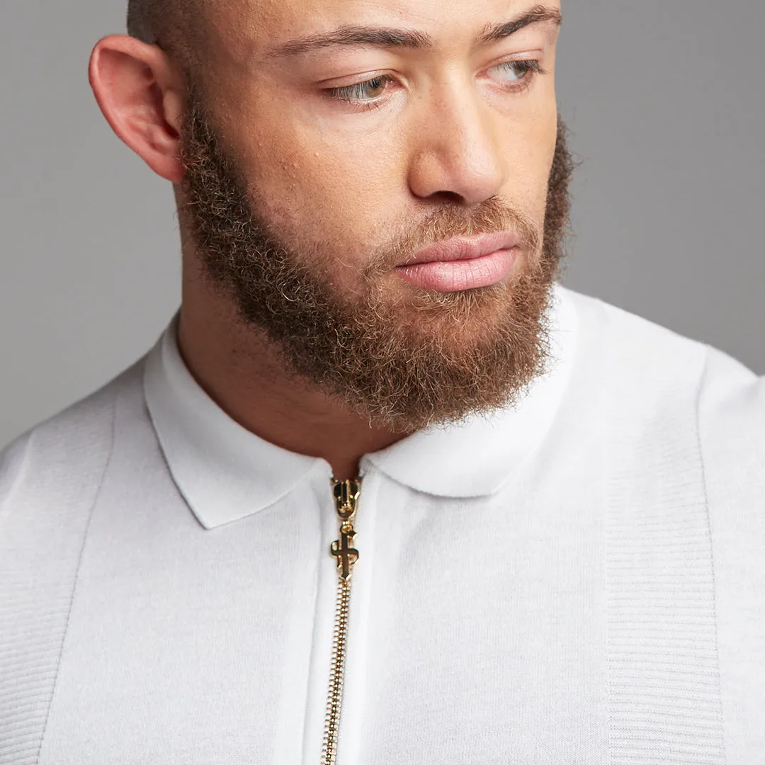 Classic White and Gold Zip Knitted Short Sleeve Polo Shirt - FSH175 sold by Father Sons product image thumbnail 3