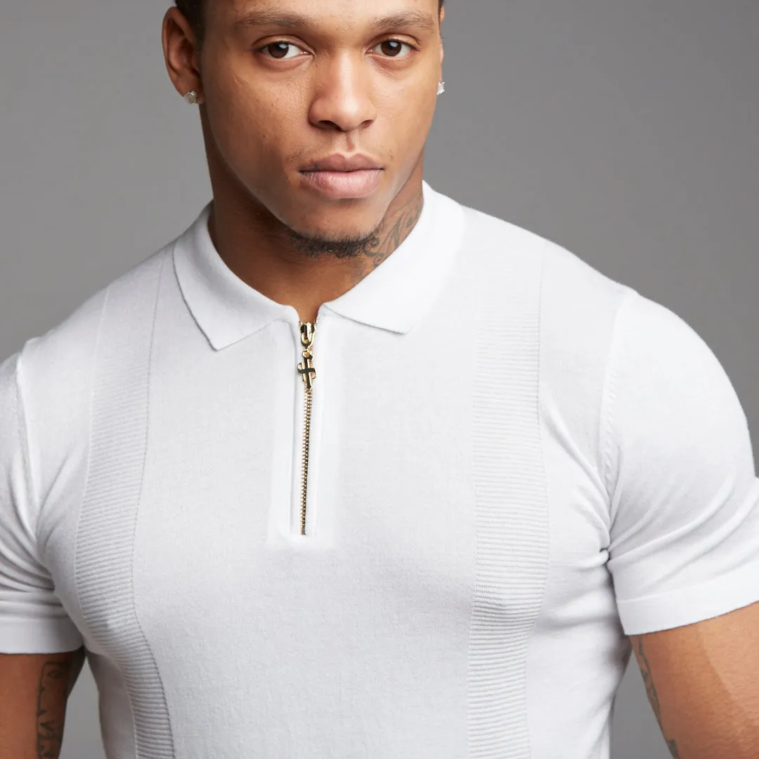 Classic White and Gold Zip Knitted Short Sleeve Polo Shirt - FSH175 sold by Father Sons product image thumbnail 4