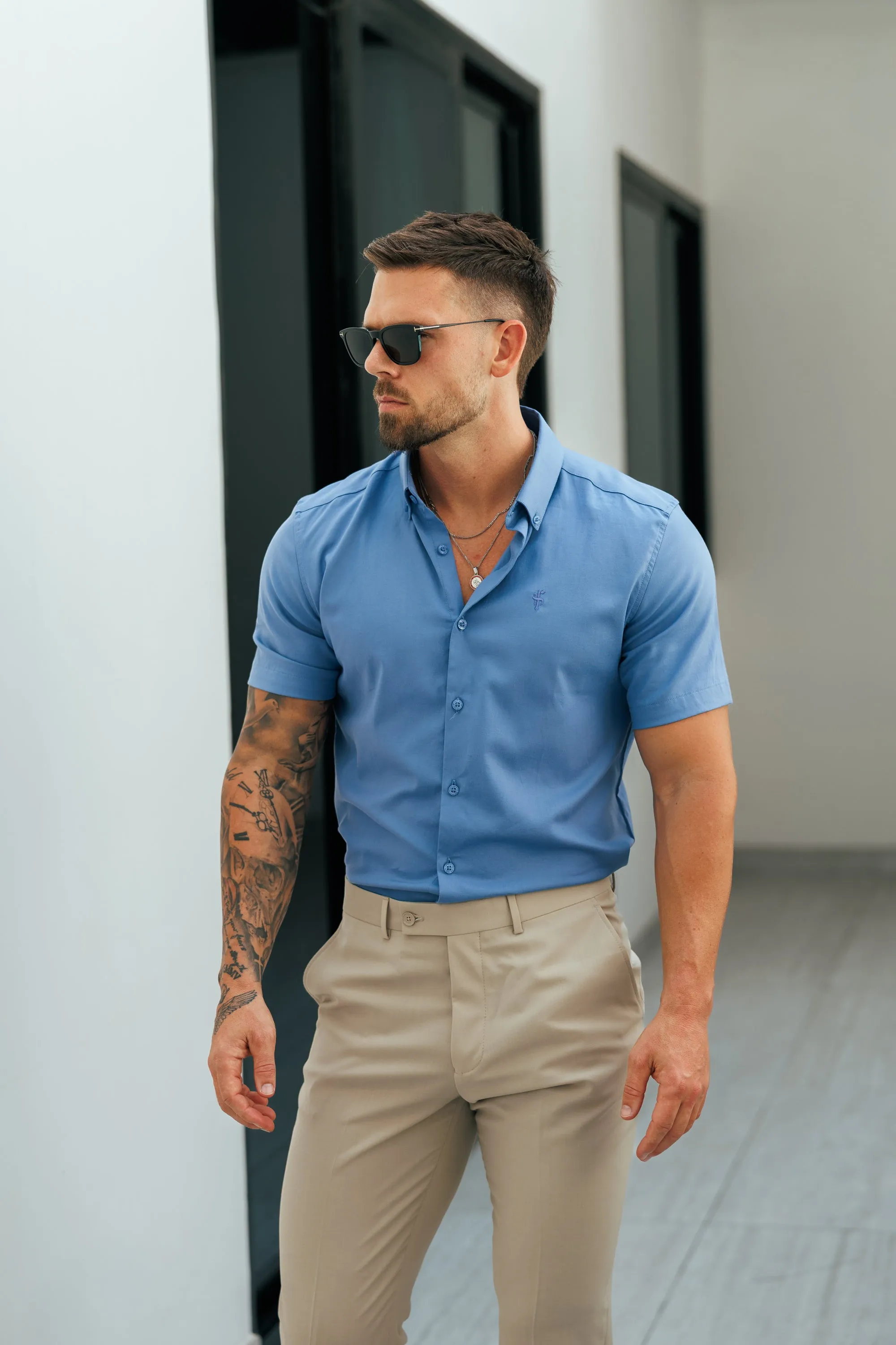 Classic Stretch Oxford Short Sleeve Cadet Blue with Button Down Collar - FS1210 sold by Father Sons