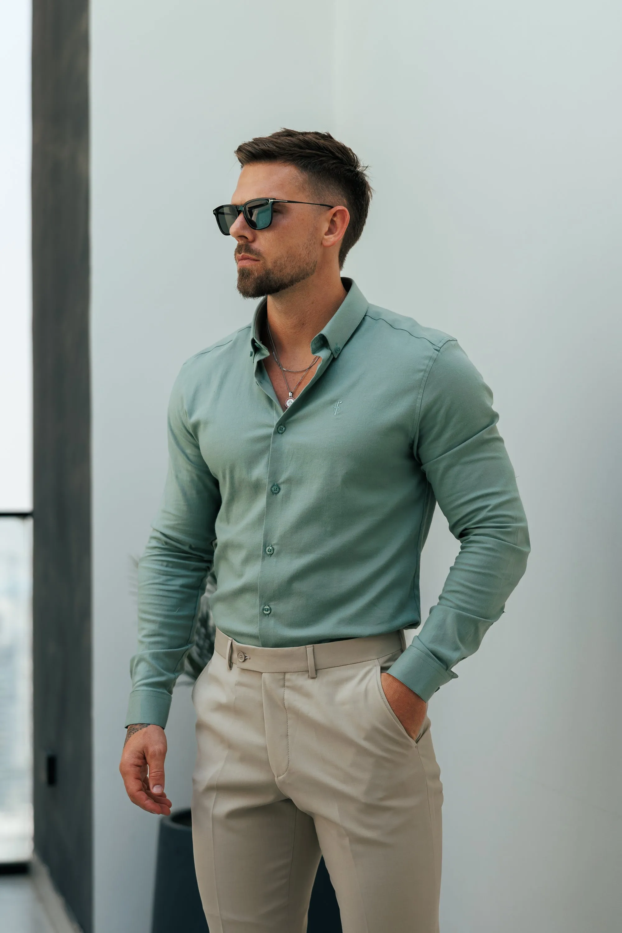 Father Sons Classic Stretch Oxford Long Sleeve Smoke Green with Button Down Collar - FS1217 sold by Father Sons product image thumbnail 4
