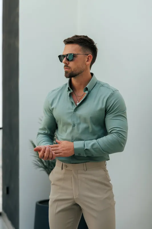 Father Sons Classic Stretch Oxford Long Sleeve Smoke Green with Button Down Collar - FS1217 sold by Father Sons