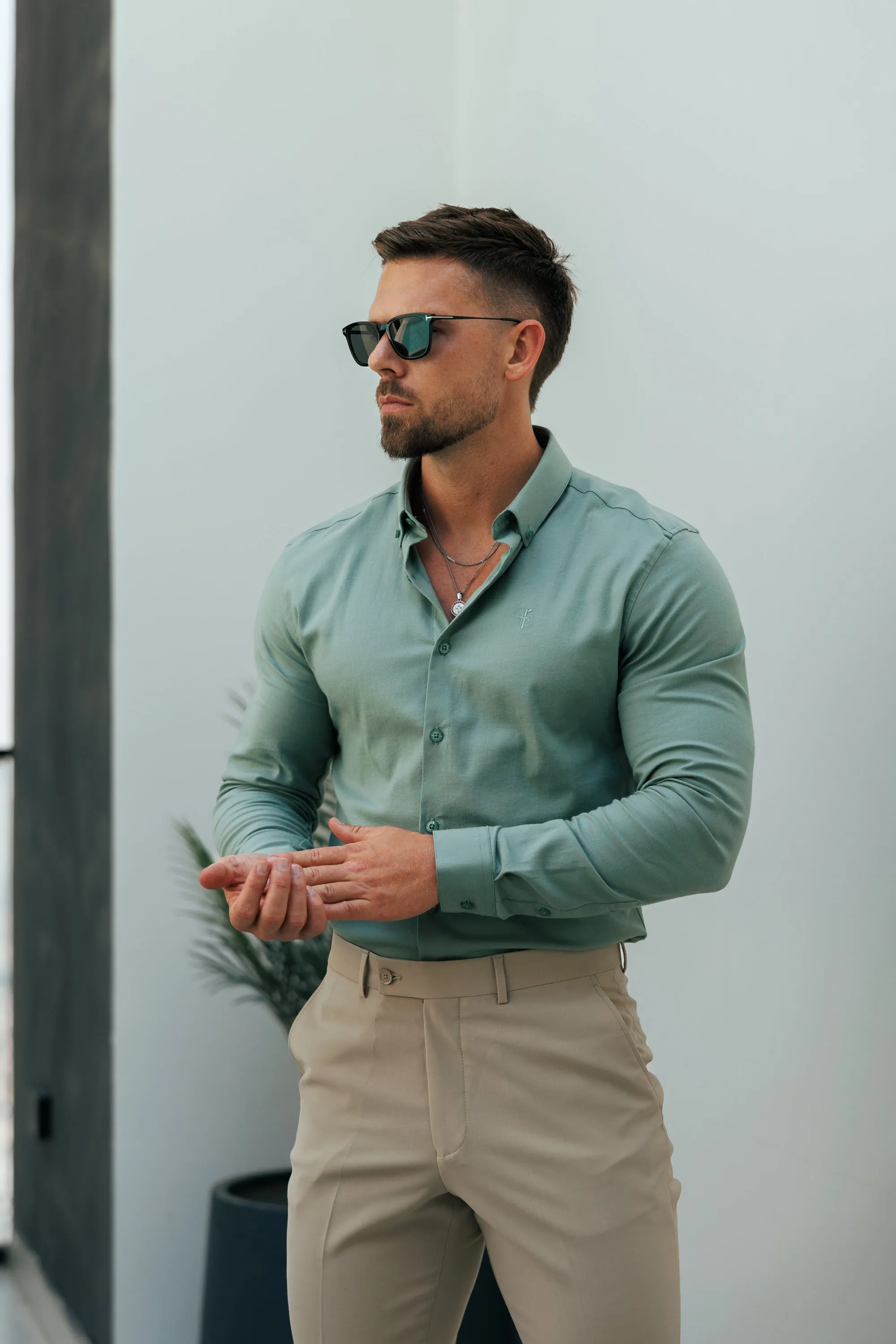 Father Sons Classic Stretch Oxford Long Sleeve Smoke Green with Button Down Collar - FS1217 sold by Father Sons