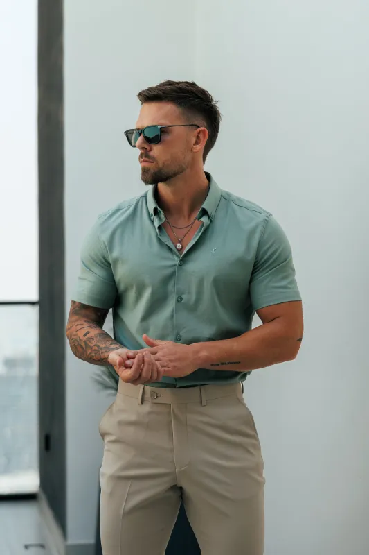 Father Sons Classic Stretch Oxford Short Sleeve Smoke Green with Button Down Collar - FS1211 sold by Father Sons