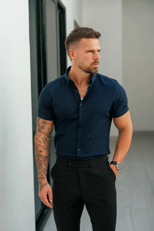 Father Sons Classic Stretch Oxford Short Sleeve Navy with Button Down Collar - FS1231 sold by Father Sons