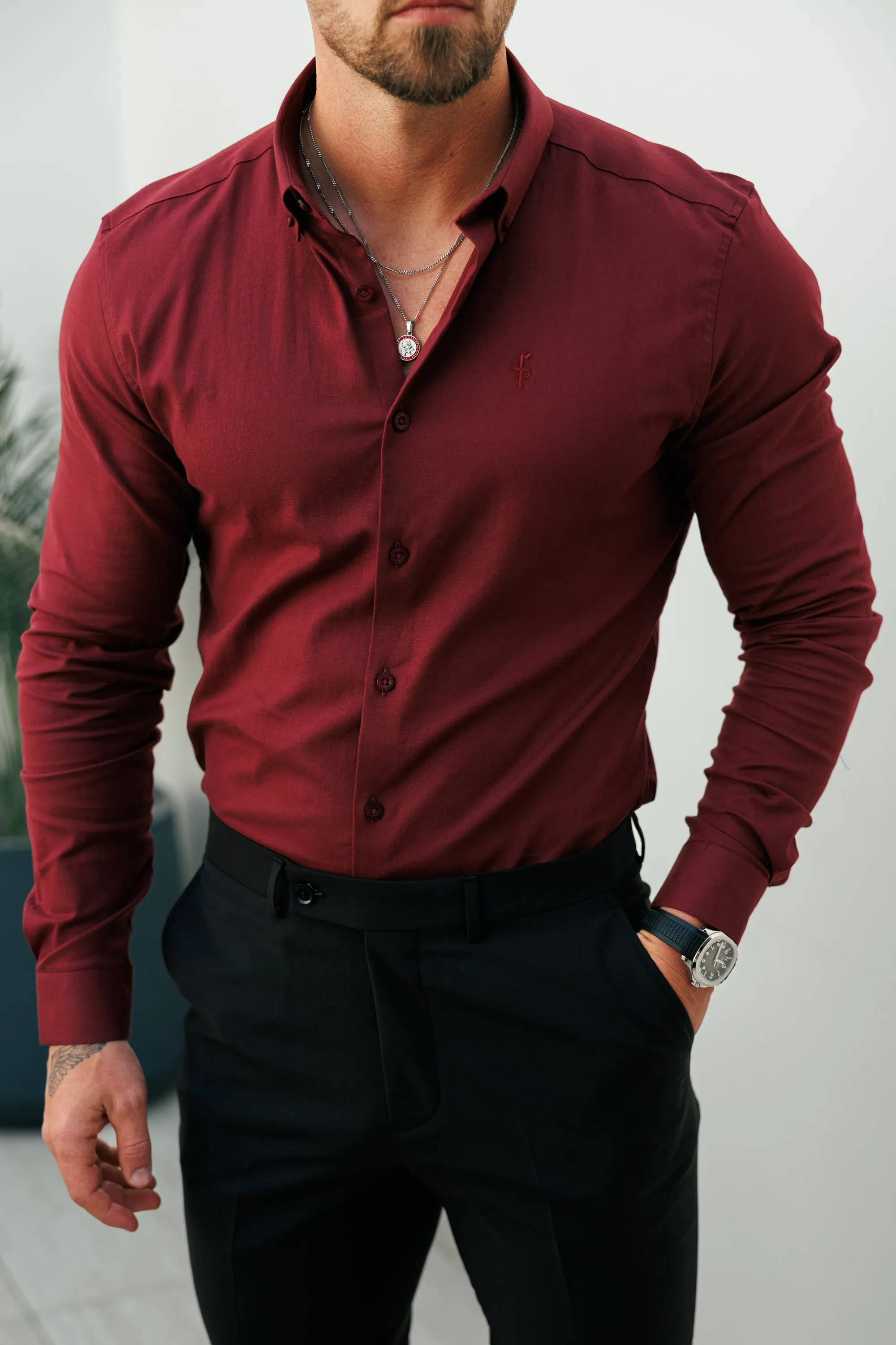 Father Sons Classic Stretch Oxford Long Sleeve Oxblood / Burgundy with Button Down Collar - FS1219 sold by Father Sons product image thumbnail 2