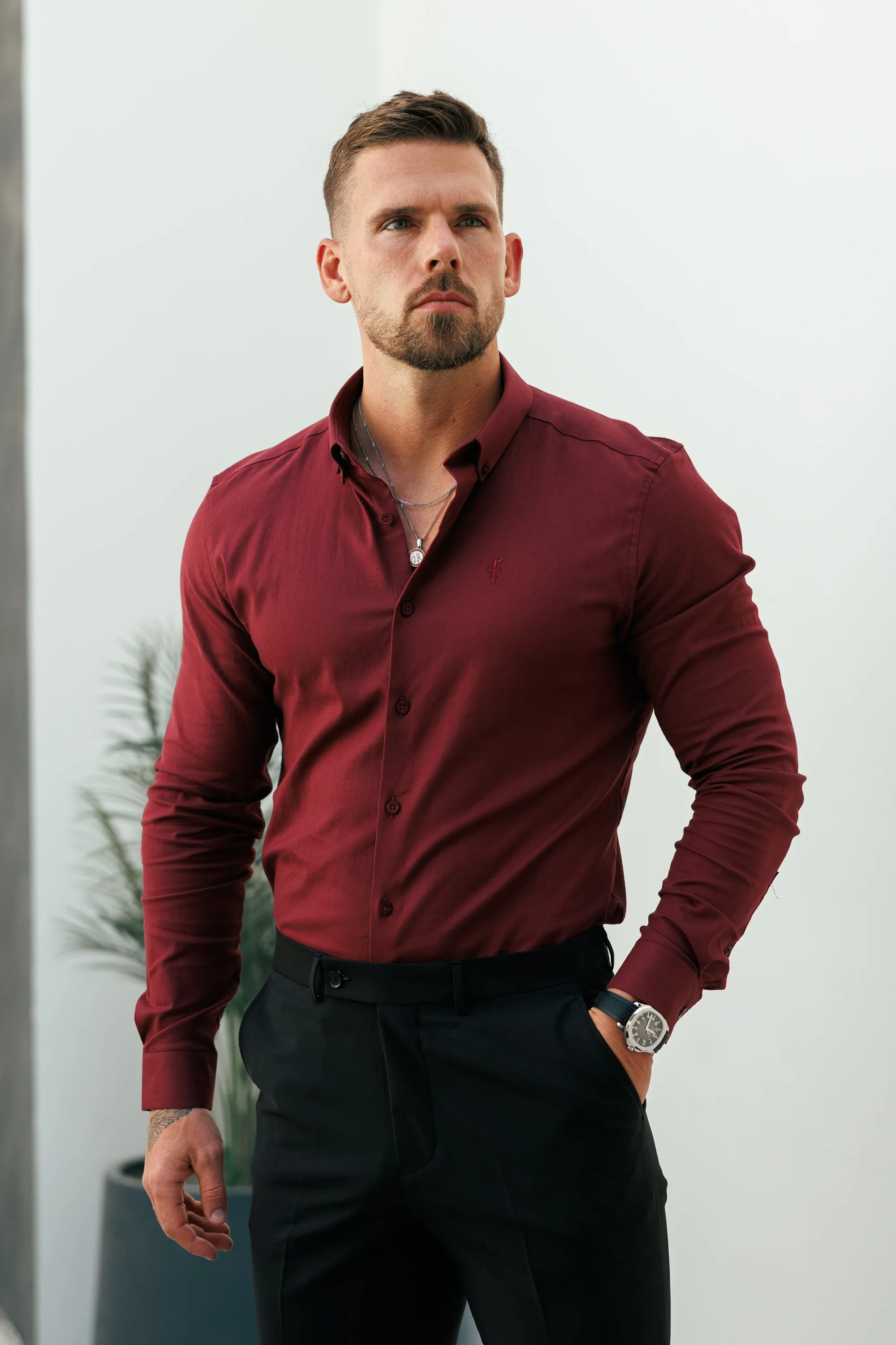 Father Sons Classic Stretch Oxford Long Sleeve Oxblood / Burgundy with Button Down Collar - FS1219 sold by Father Sons product image thumbnail 4