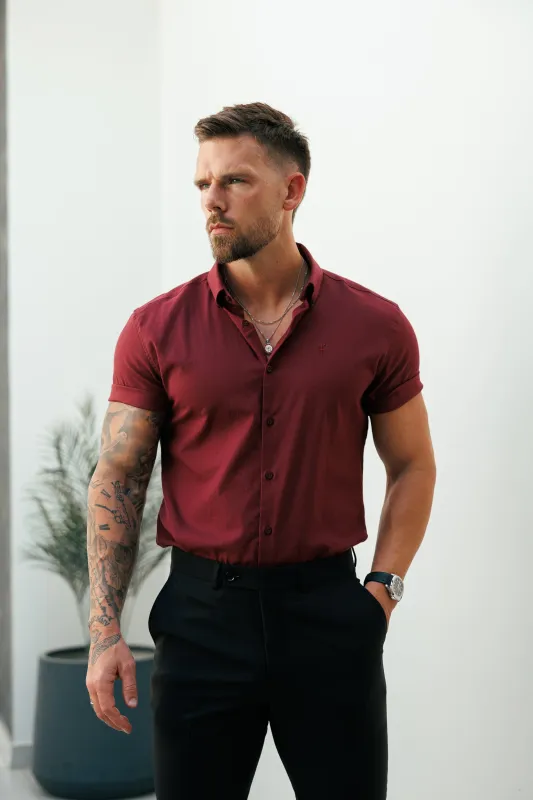 Father Sons Classic Stretch Oxford Short Sleeve Oxblood / Burgundy with Button Down Collar - FS1213 sold by Father Sons