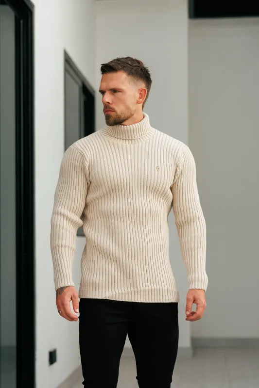 Father Sons Ribbed Knit Beige Roll Neck Jumper - FSJ112 sold by Father Sons