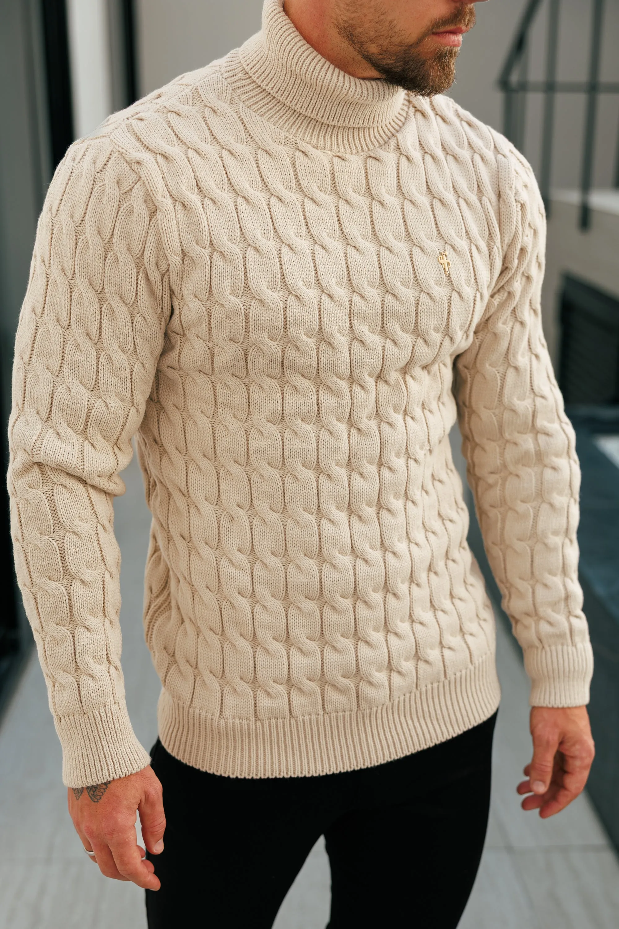 Father Sons Link Weave Knit Beige Roll Neck Jumper - FSJ100 sold by Father Sons