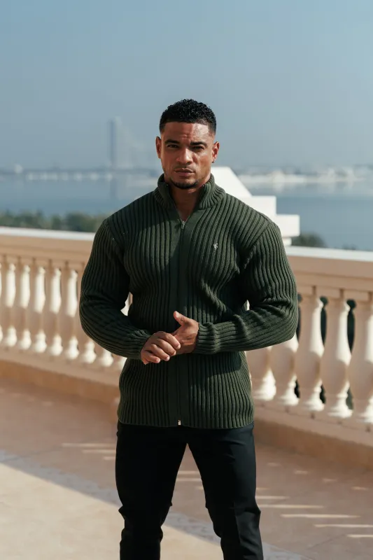 Father Sons Chunky Olive Ribbed Zipped Cardigan with Gold Emblem- FSJ095 sold by Father Sons